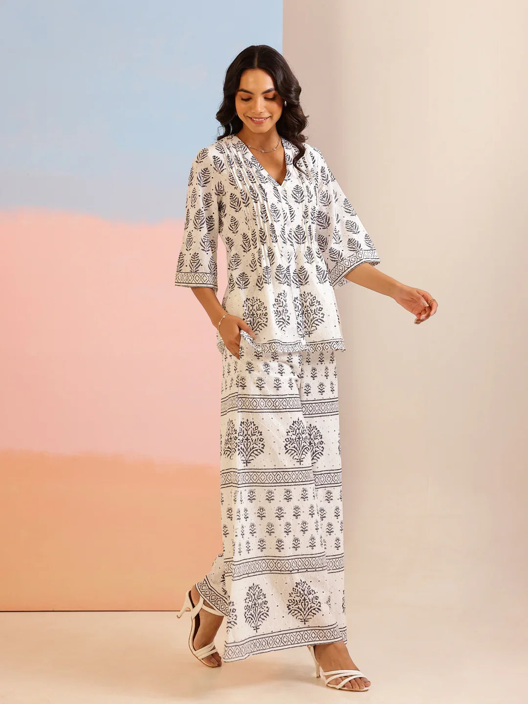 White Floral Printed Cotton Co-Ord Set