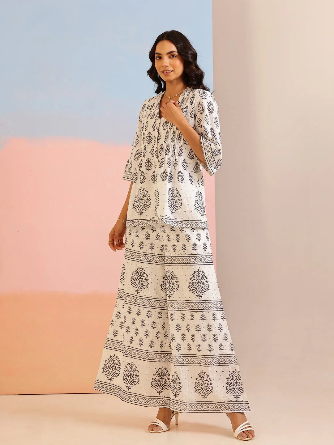 White Floral Printed Cotton Co-Ord Set