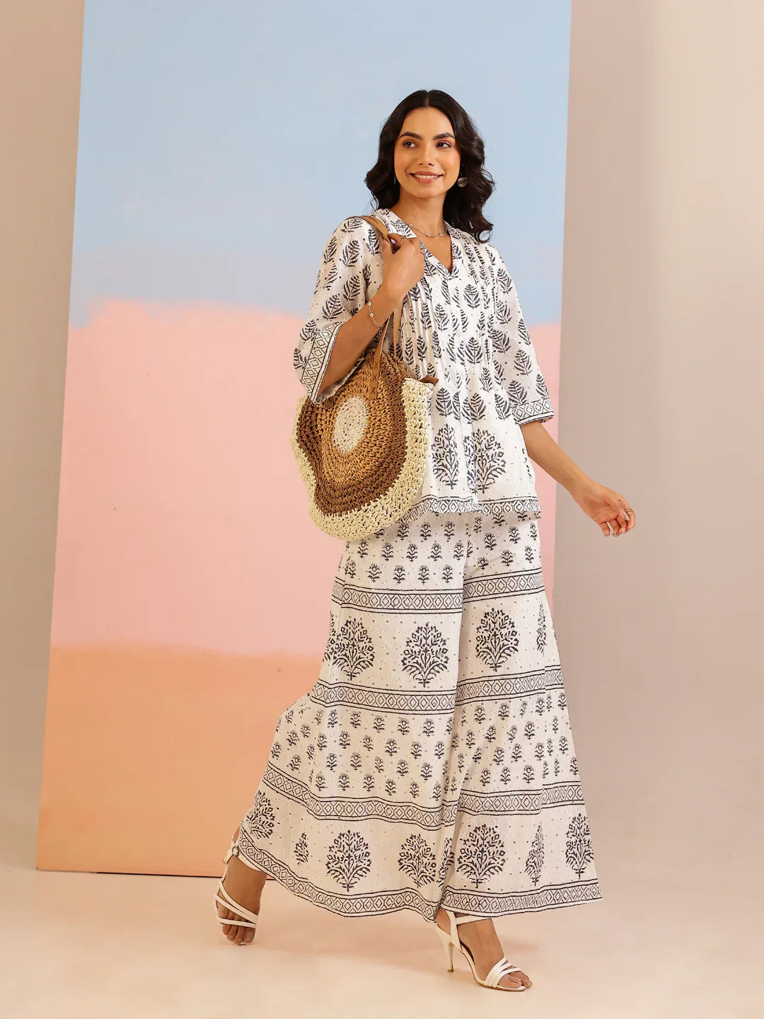 White Floral Printed Cotton Co-Ord Set