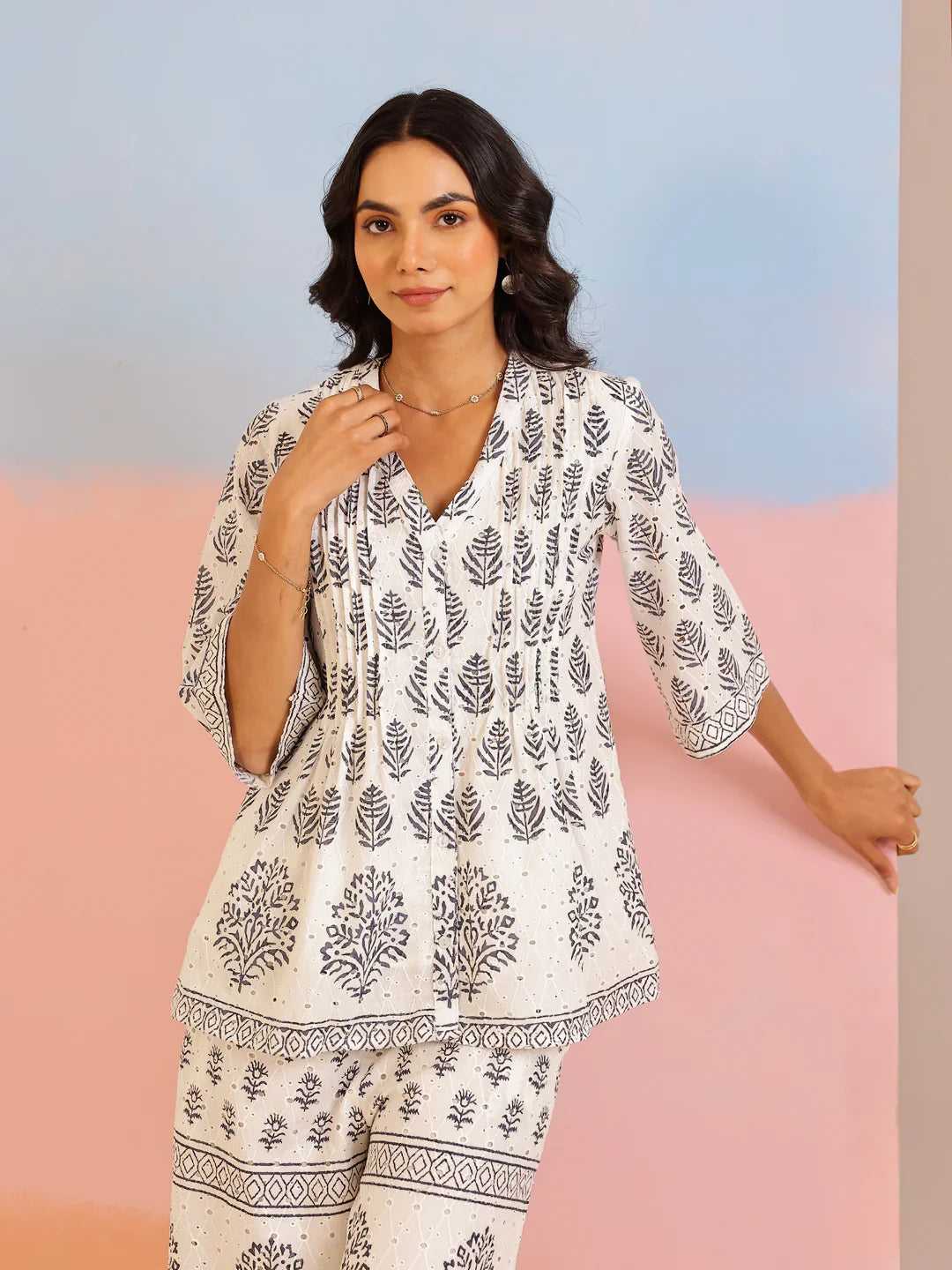 White Floral Printed Cotton Co-Ord Set