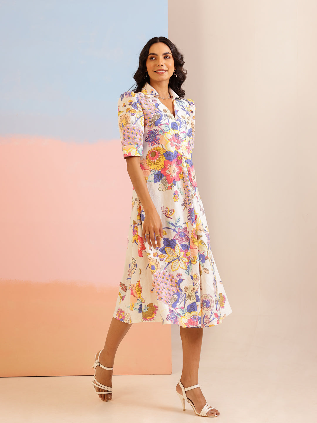 White Color Floral Printed Cotton dress for women