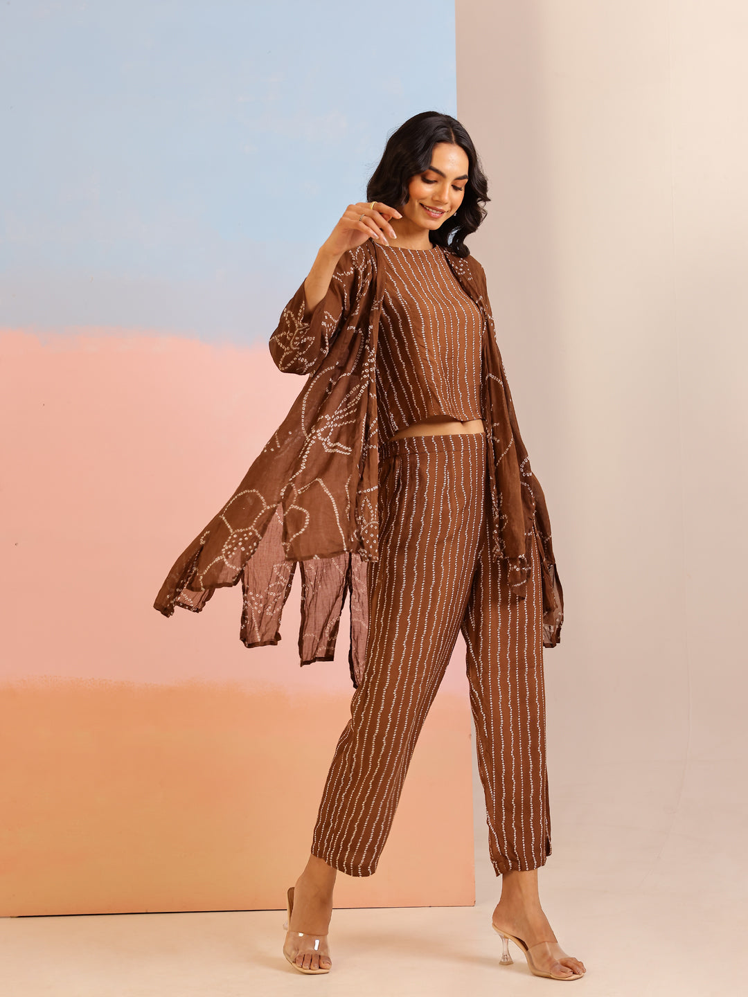 Brown Round Neck Pure Cotton Printed Co-ords Set for Women