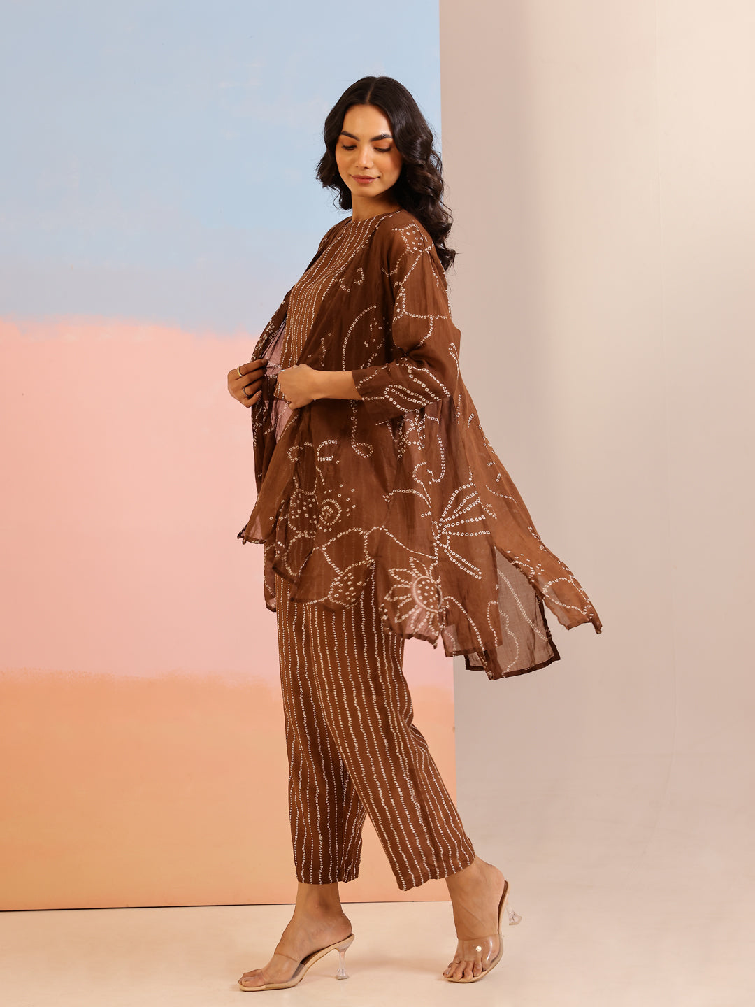 Brown Round Neck Pure Cotton Printed Co-ords Set for Women