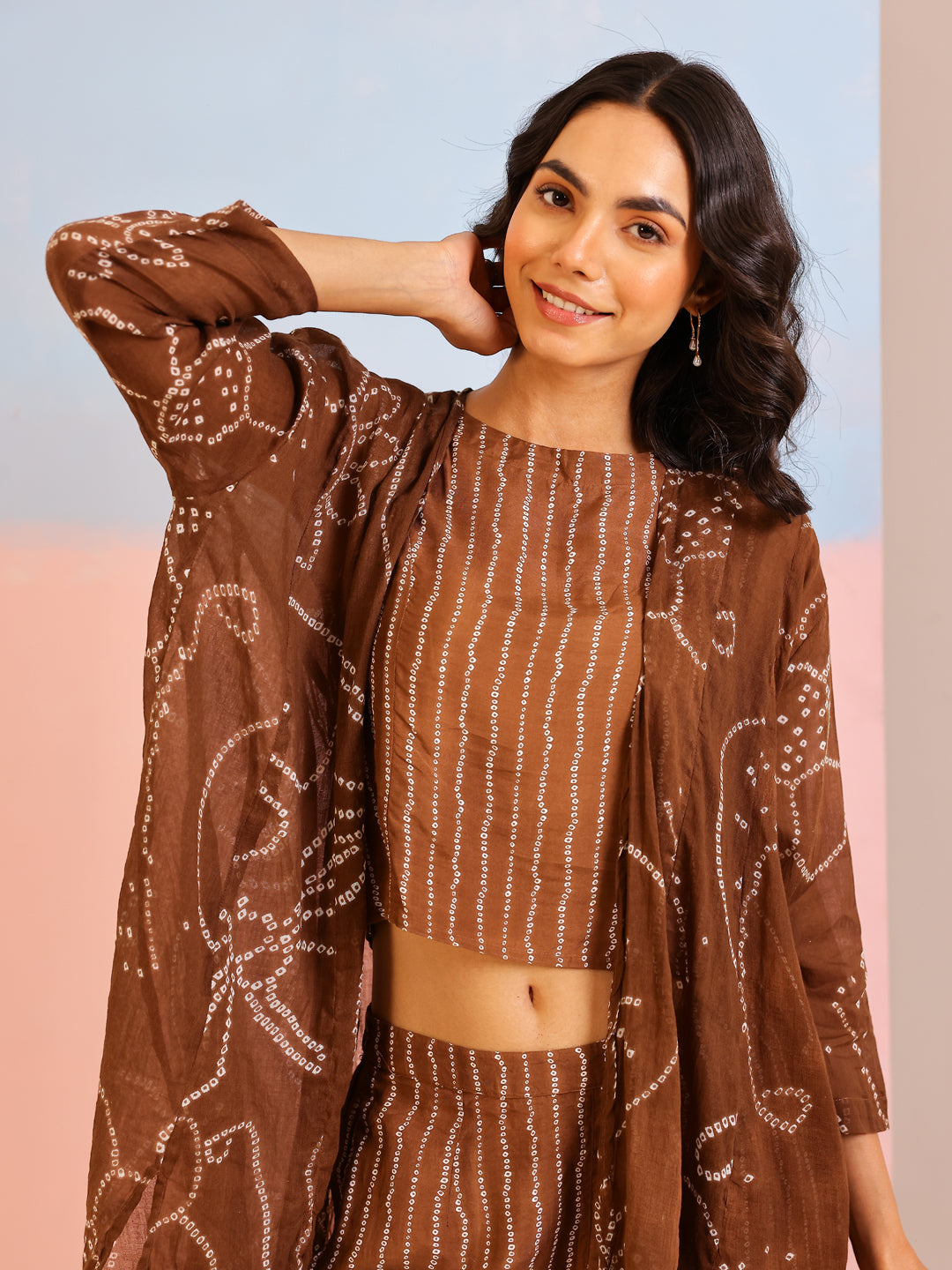 Brown Round Neck Pure Cotton Printed Co-ords Set for Women