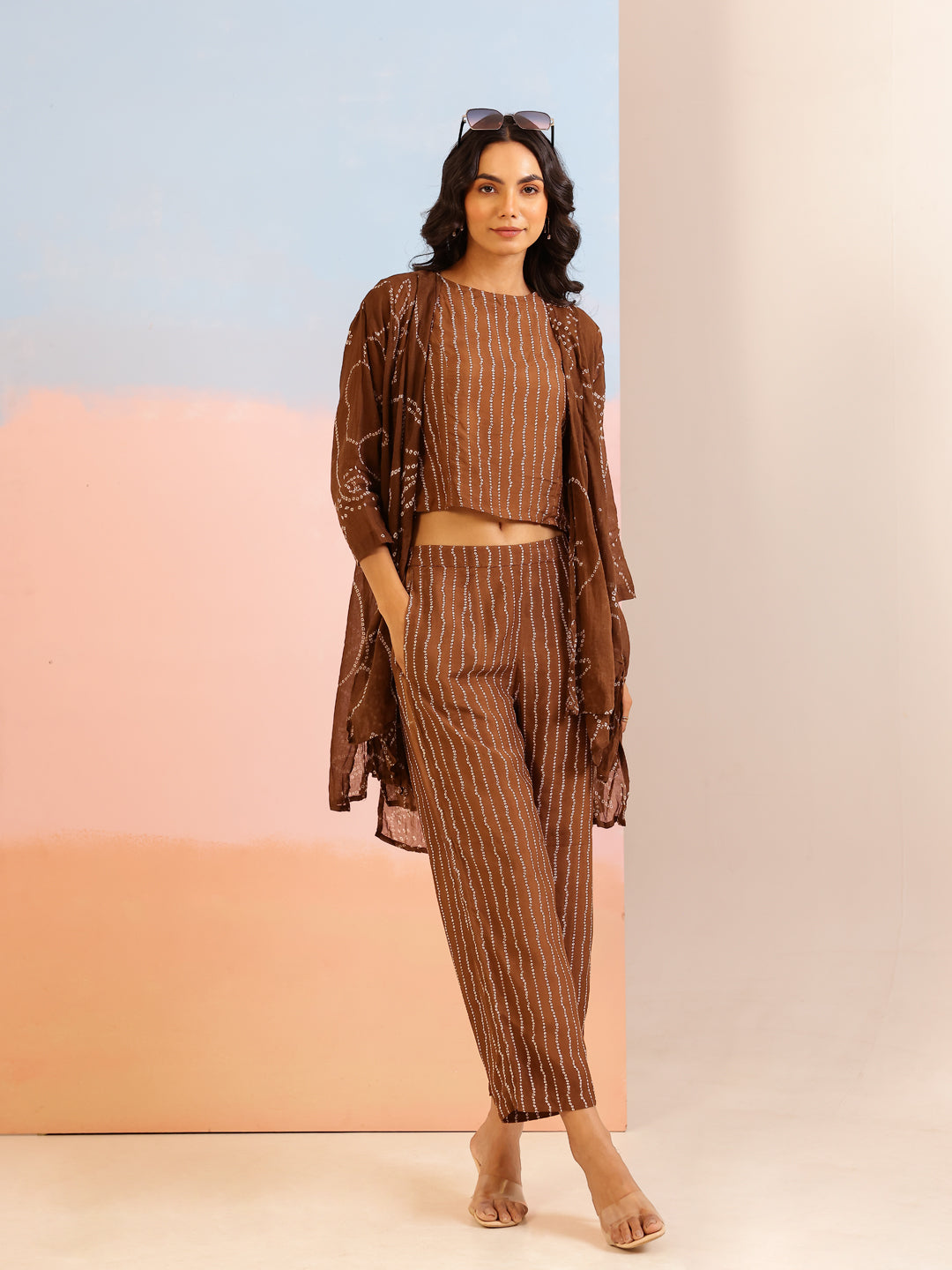 Brown Round Neck Pure Cotton Printed Co-ords Set for Women