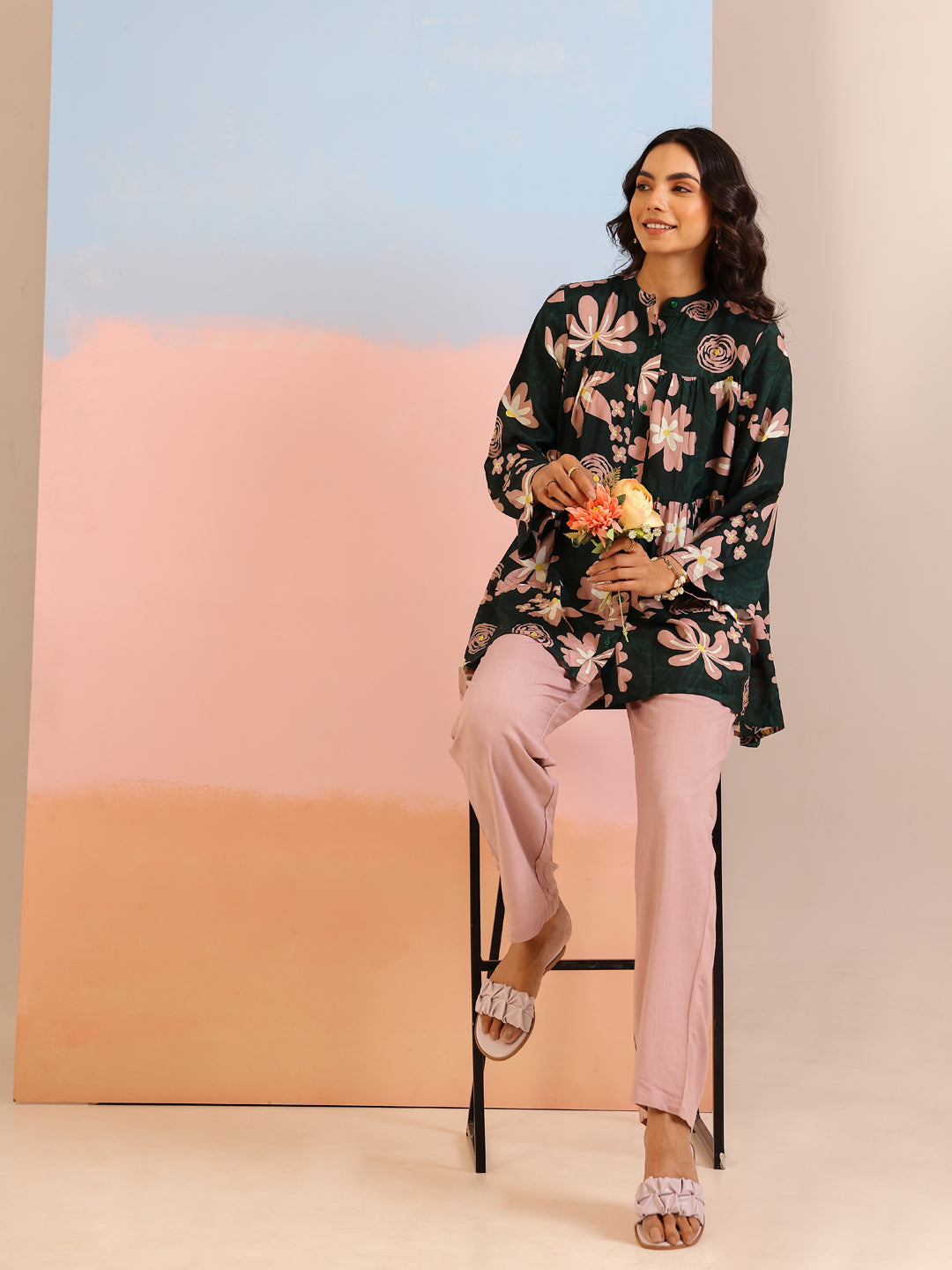 Green Mandarin Collar Silk Blend Printed Co-ords Set for Women