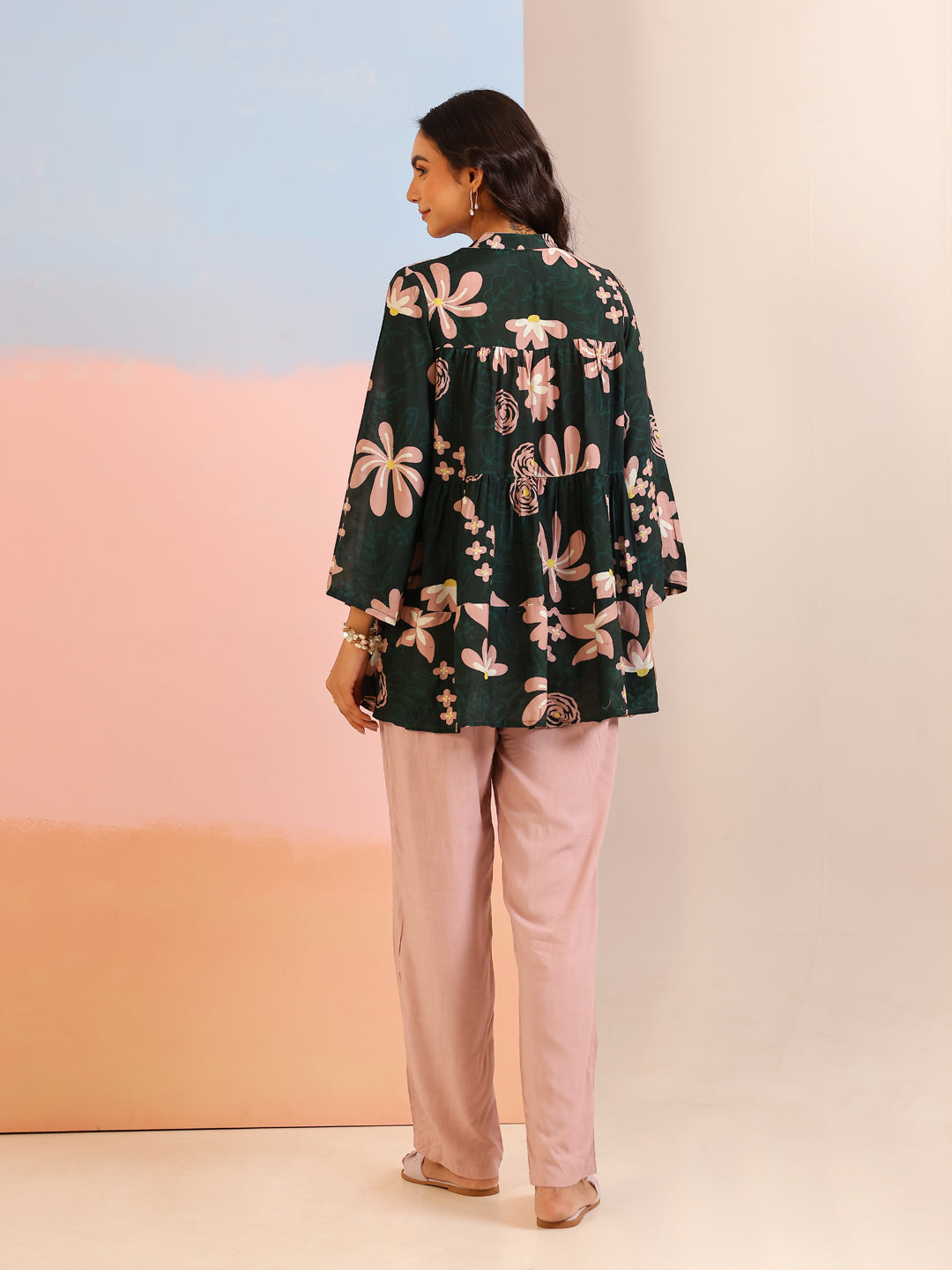 Green Mandarin Collar Silk Blend Printed Co-ords Set for Women