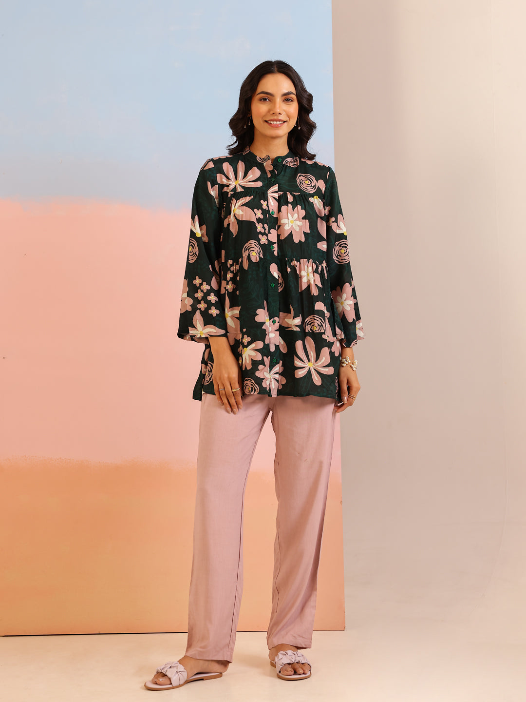 Green Mandarin Collar Silk Blend Printed Co-ords Set for Women