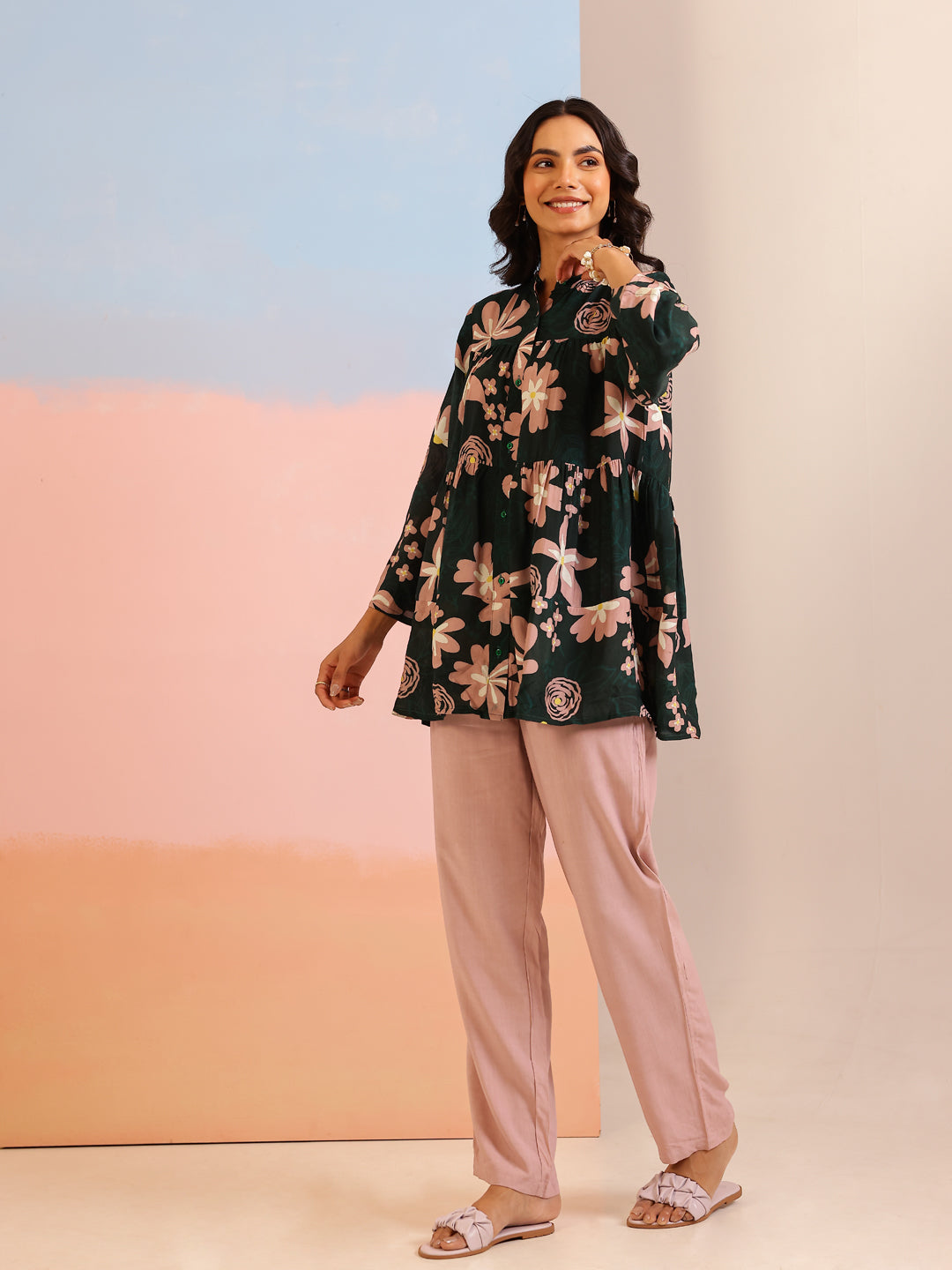 Green Mandarin Collar Silk Blend Printed Co-ords Set for Women