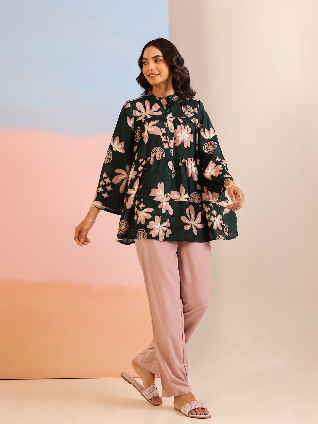 Green Mandarin Collar Silk Blend Printed Co-ords Set for Women