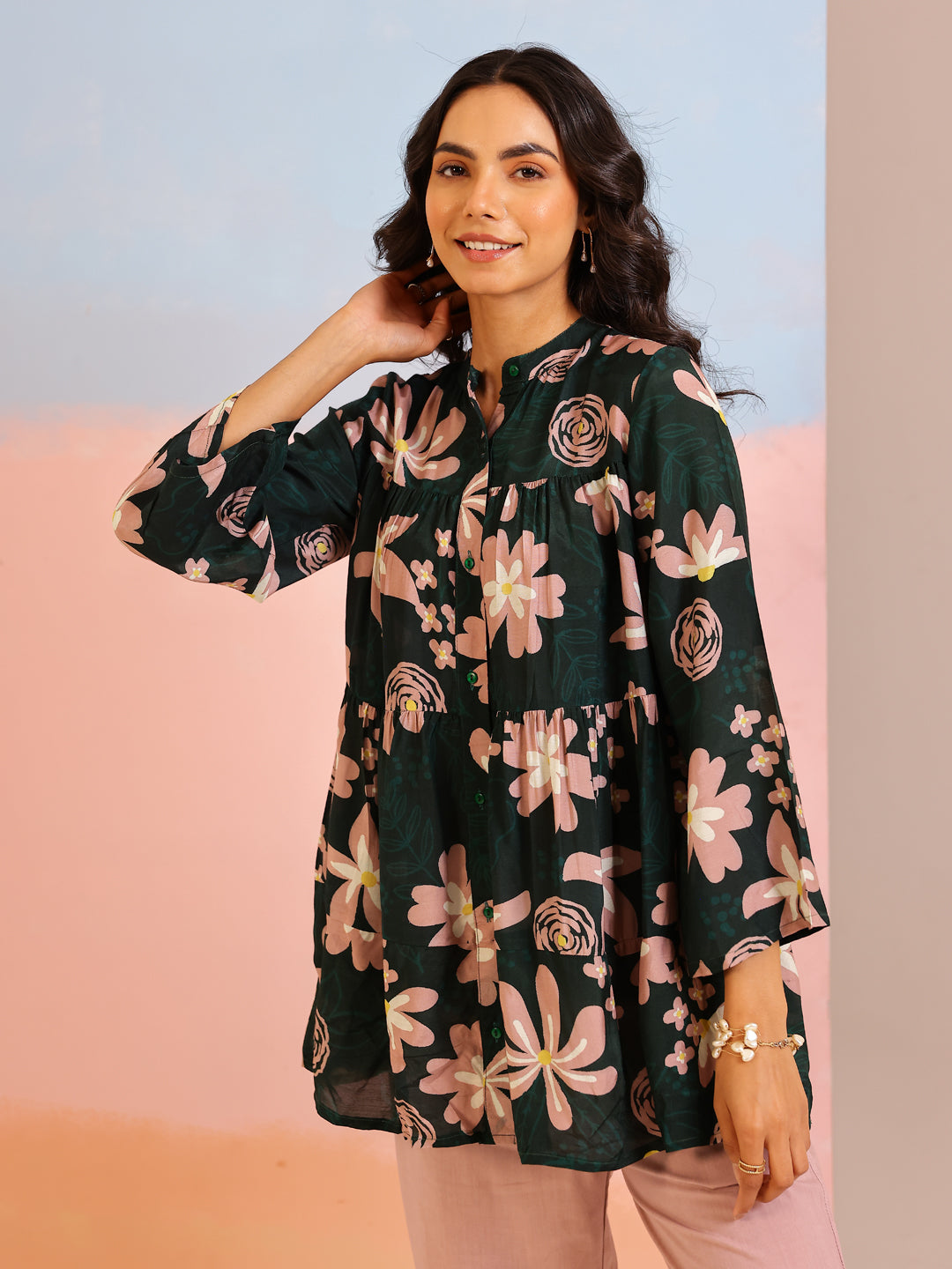 Green Mandarin Collar Silk Blend Printed Co-ords Set for Women