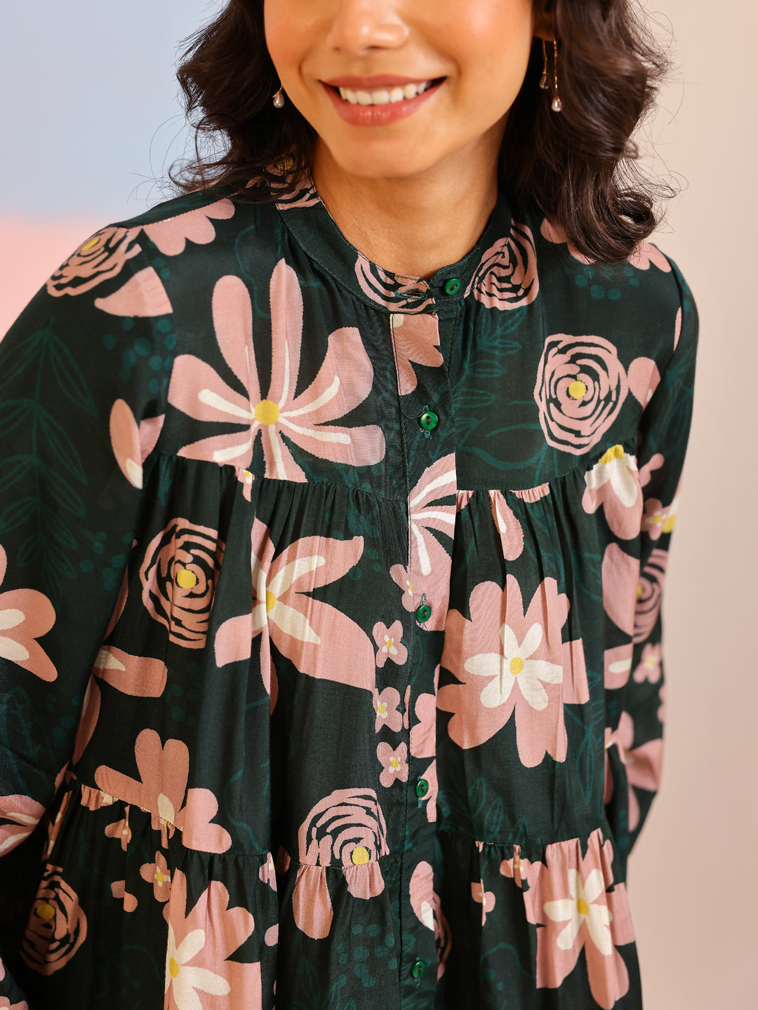 Green Mandarin Collar Silk Blend Printed Co-ords Set for Women
