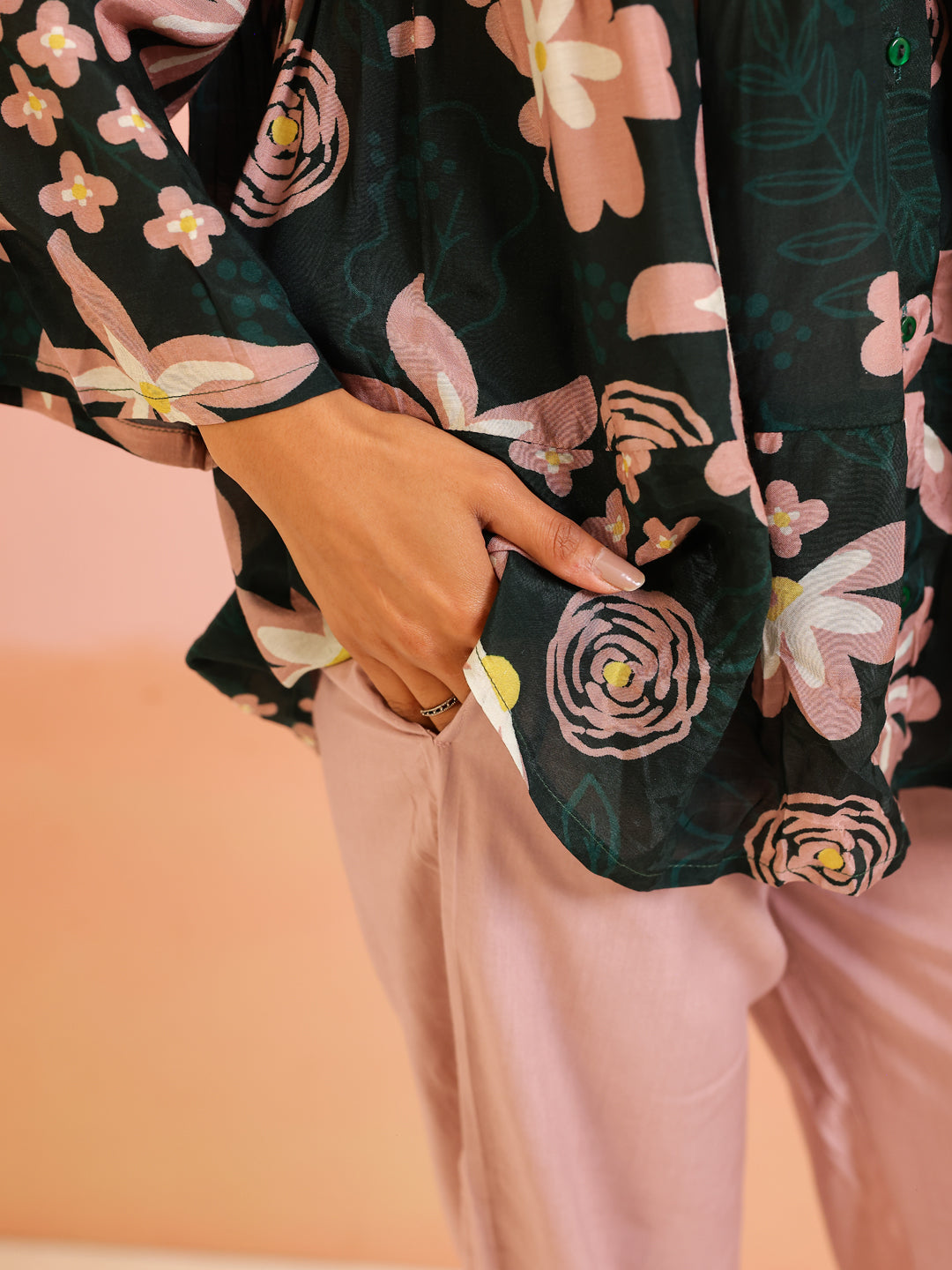 Green Mandarin Collar Silk Blend Printed Co-ords Set for Women - SanskrutiHomes