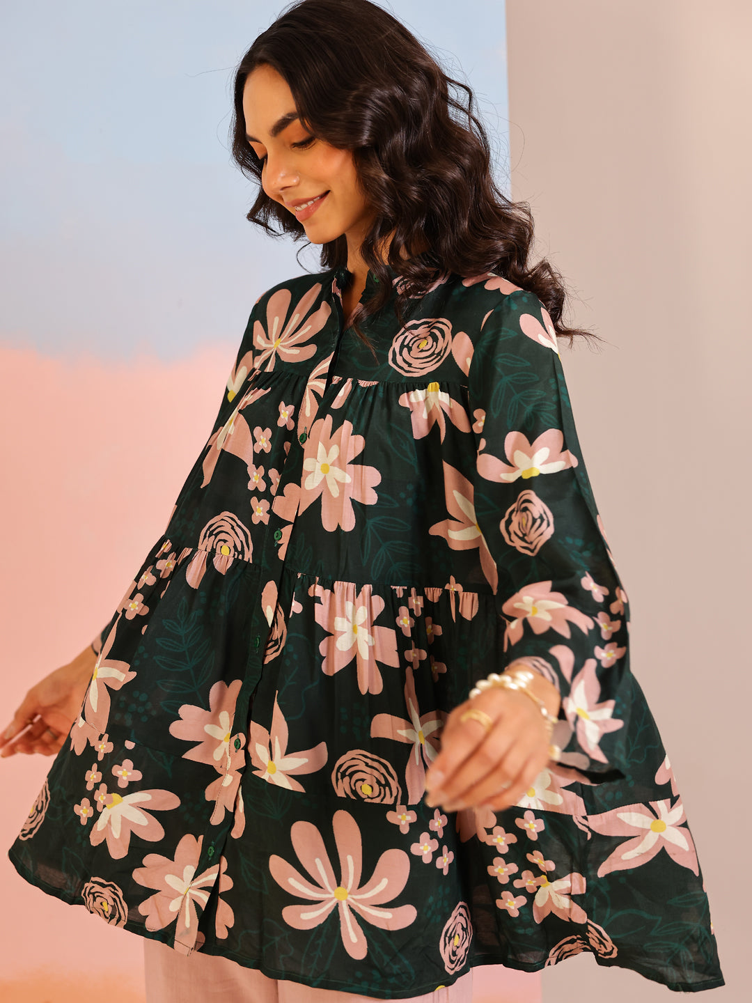 Green Mandarin Collar Silk Blend Printed Co-ords Set for Women