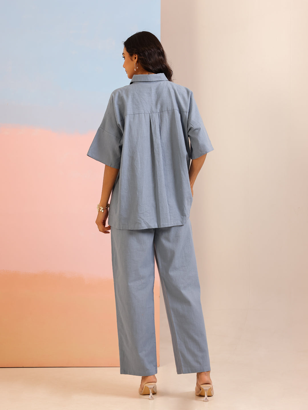 Blue Shirt Collar Pure Cotton Solid Co-ords Set for Women