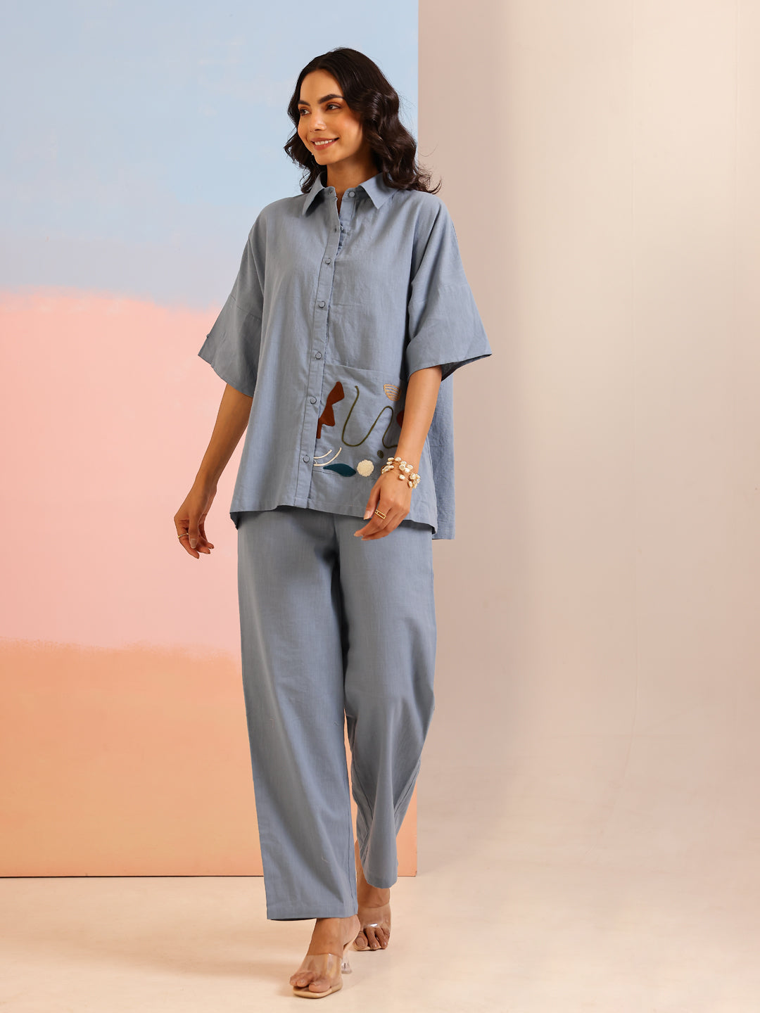 Blue Shirt Collar Pure Cotton Solid Co-ords Set for Women