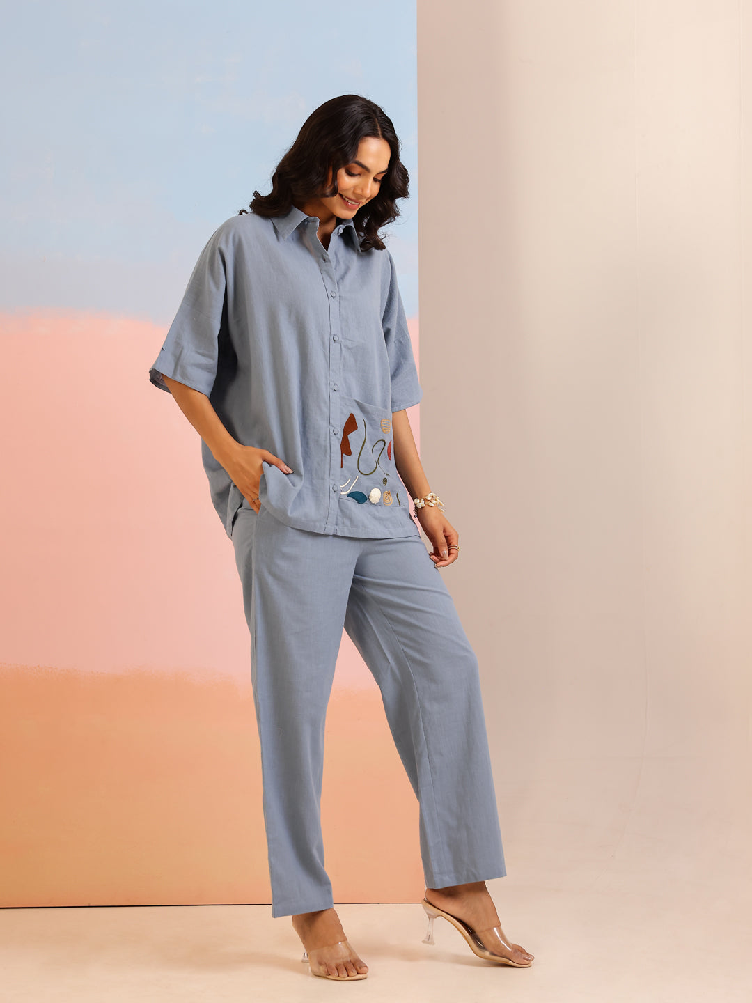 Blue Shirt Collar Pure Cotton Solid Co-ords Set for Women
