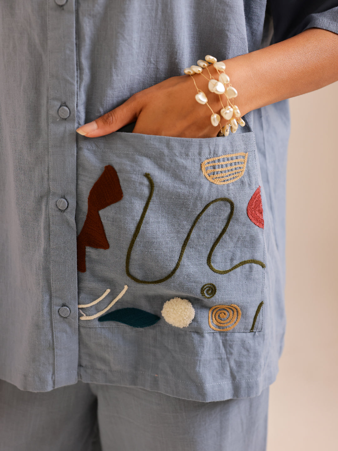 Blue Shirt Collar Pure Cotton Solid Co-ords Set for Women - SanskrutiHomes