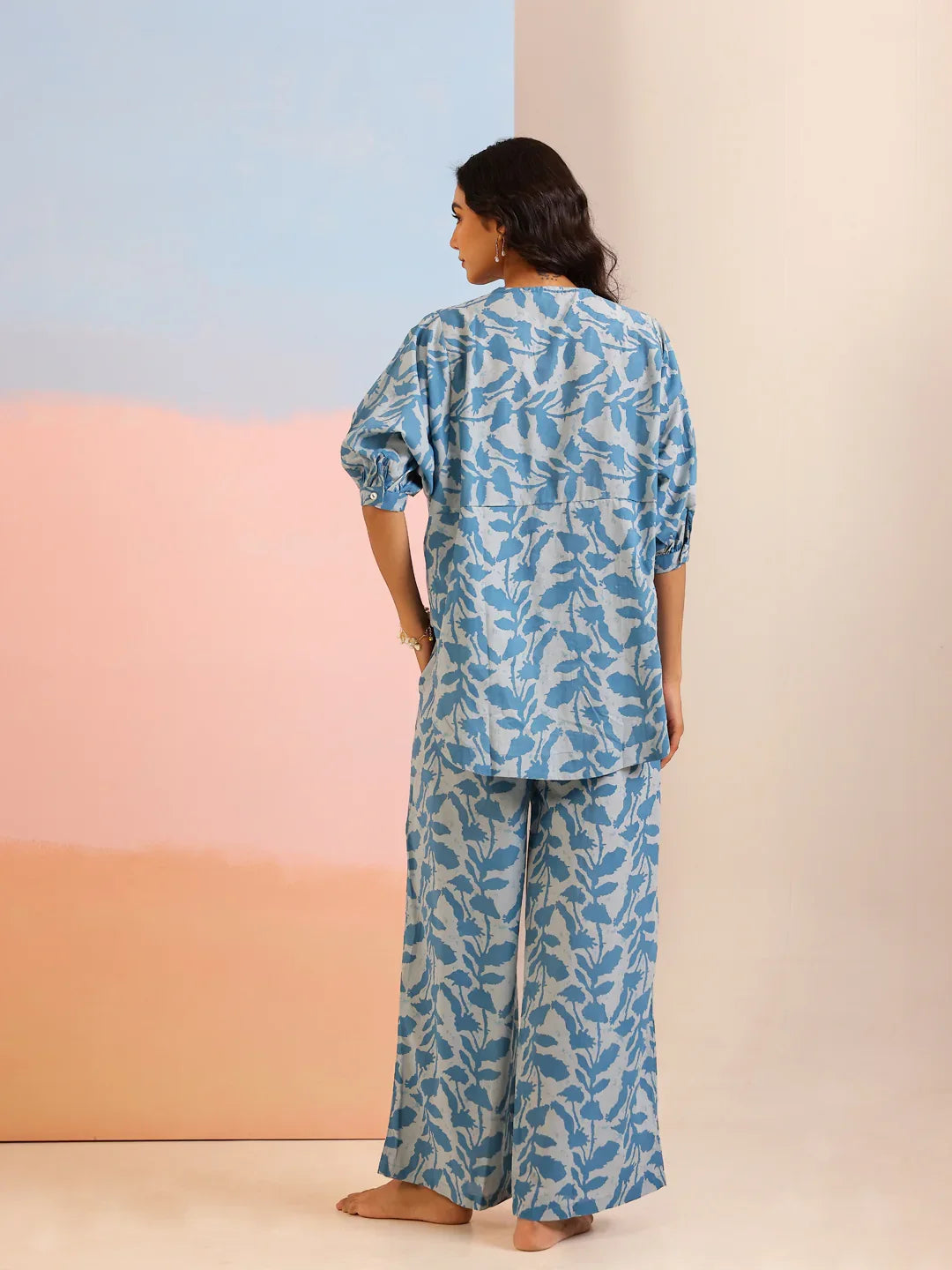 Teal Color Tropical Printed Pure Cotton Night Suit - SanskrutiHomes