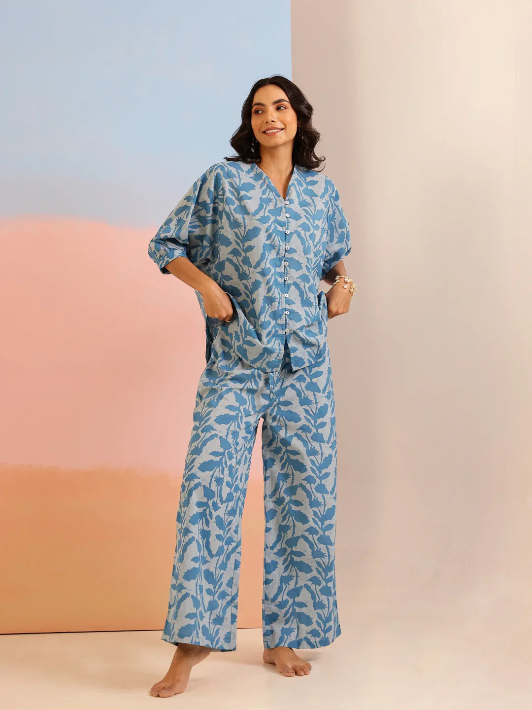 Teal Color Tropical Printed Pure Cotton Night Suit - SanskrutiHomes