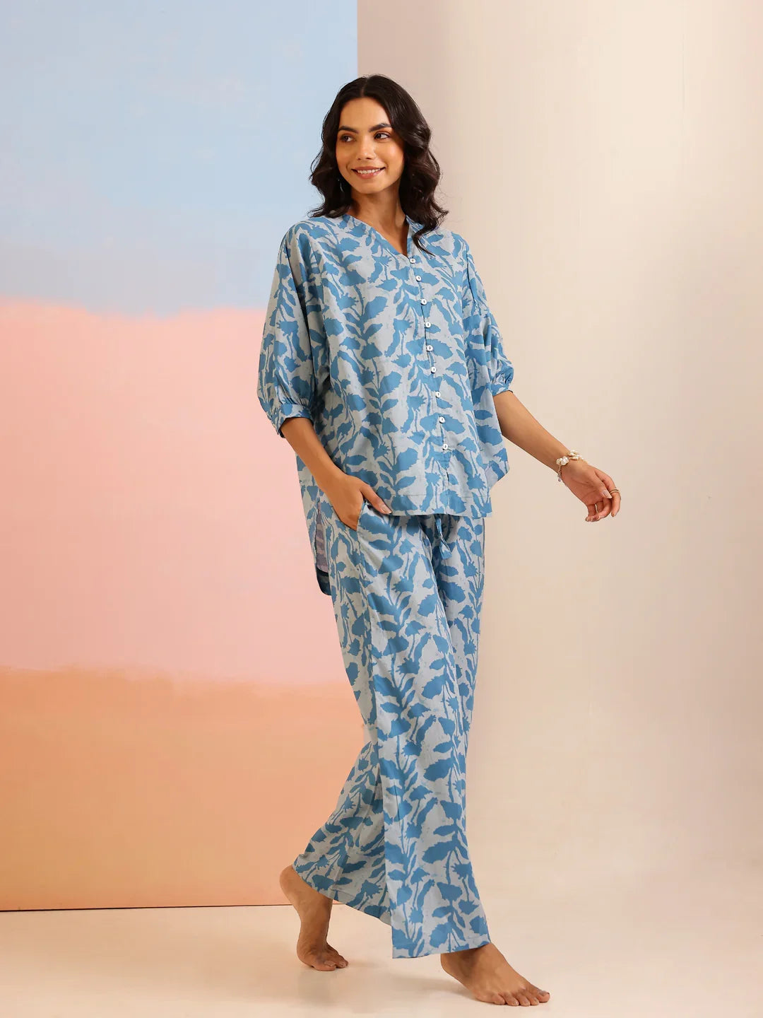 Teal Color Tropical Printed Pure Cotton Night Suit - SanskrutiHomes