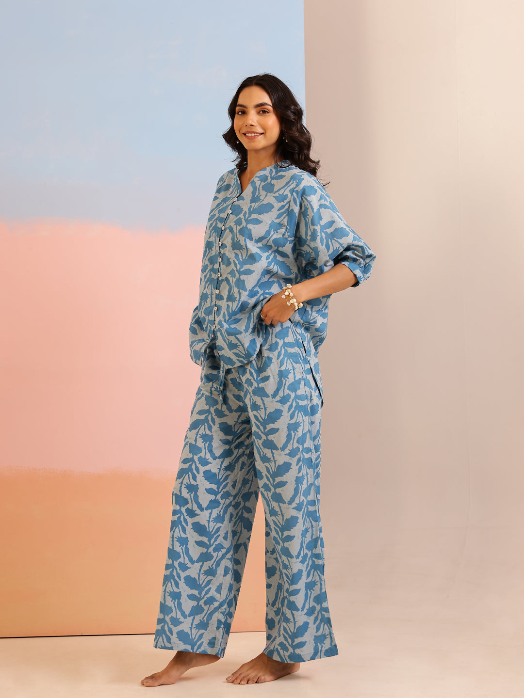 Teal Color Tropical Printed Pure Cotton Night Suit
