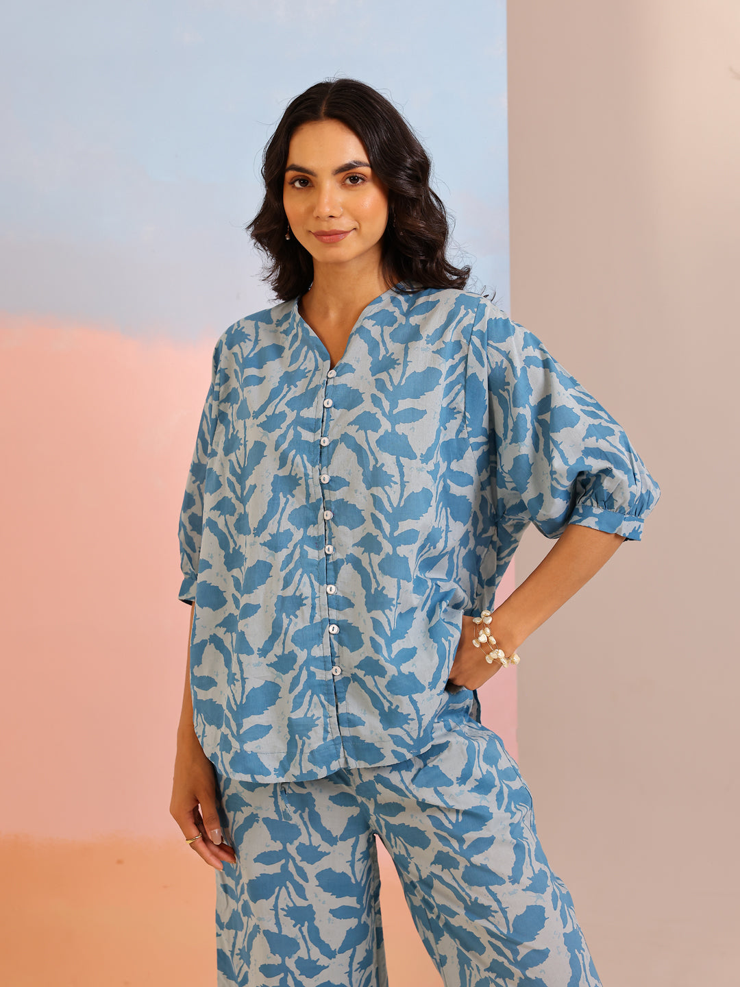 Teal Color Tropical Printed Pure Cotton Night Suit