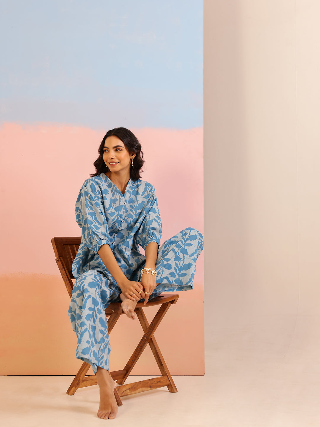 Teal Color Tropical Printed Pure Cotton Night Suit