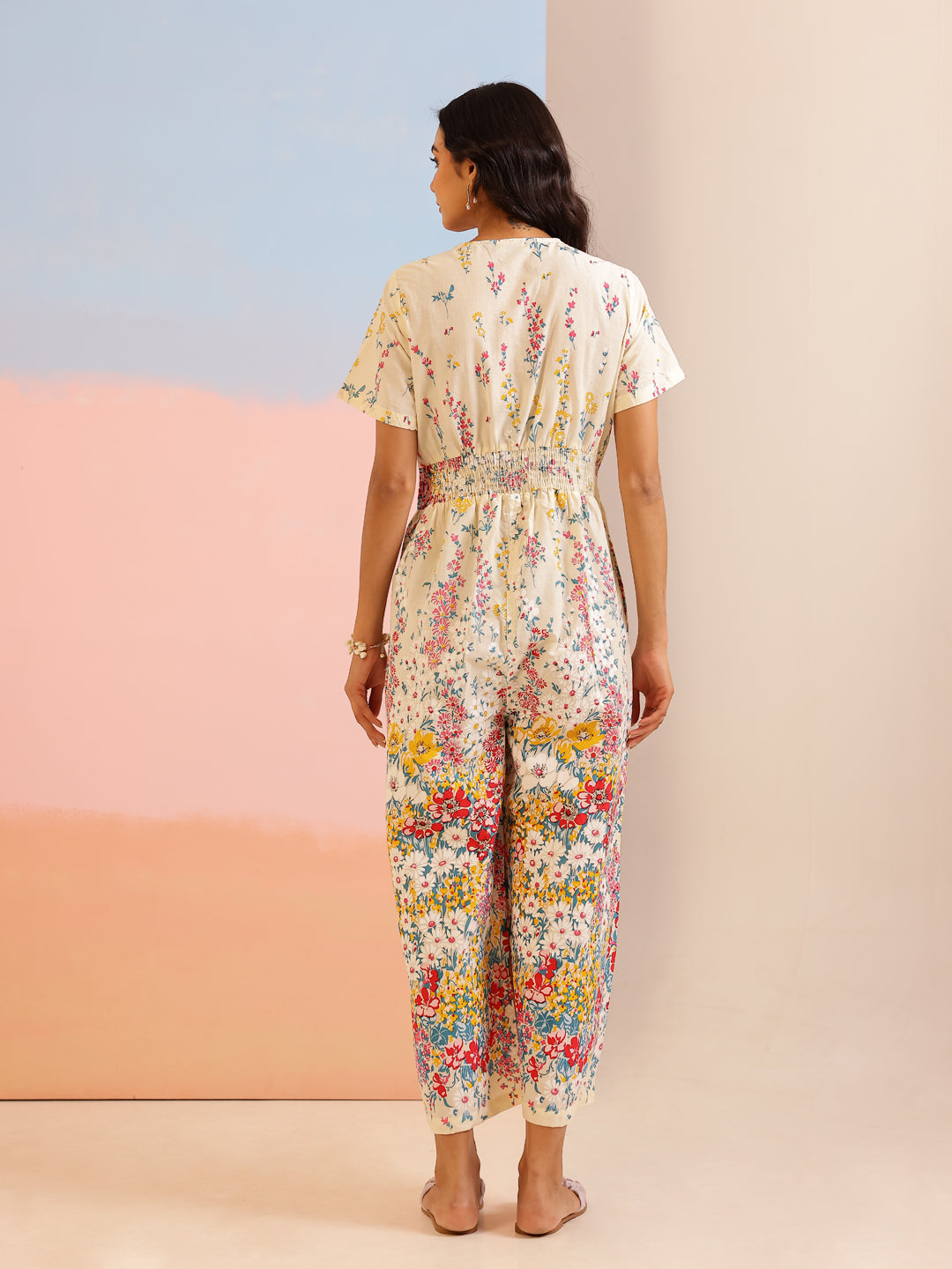 Cream Cotton V-Neck Jump Suit for Women - SanskrutiHomes