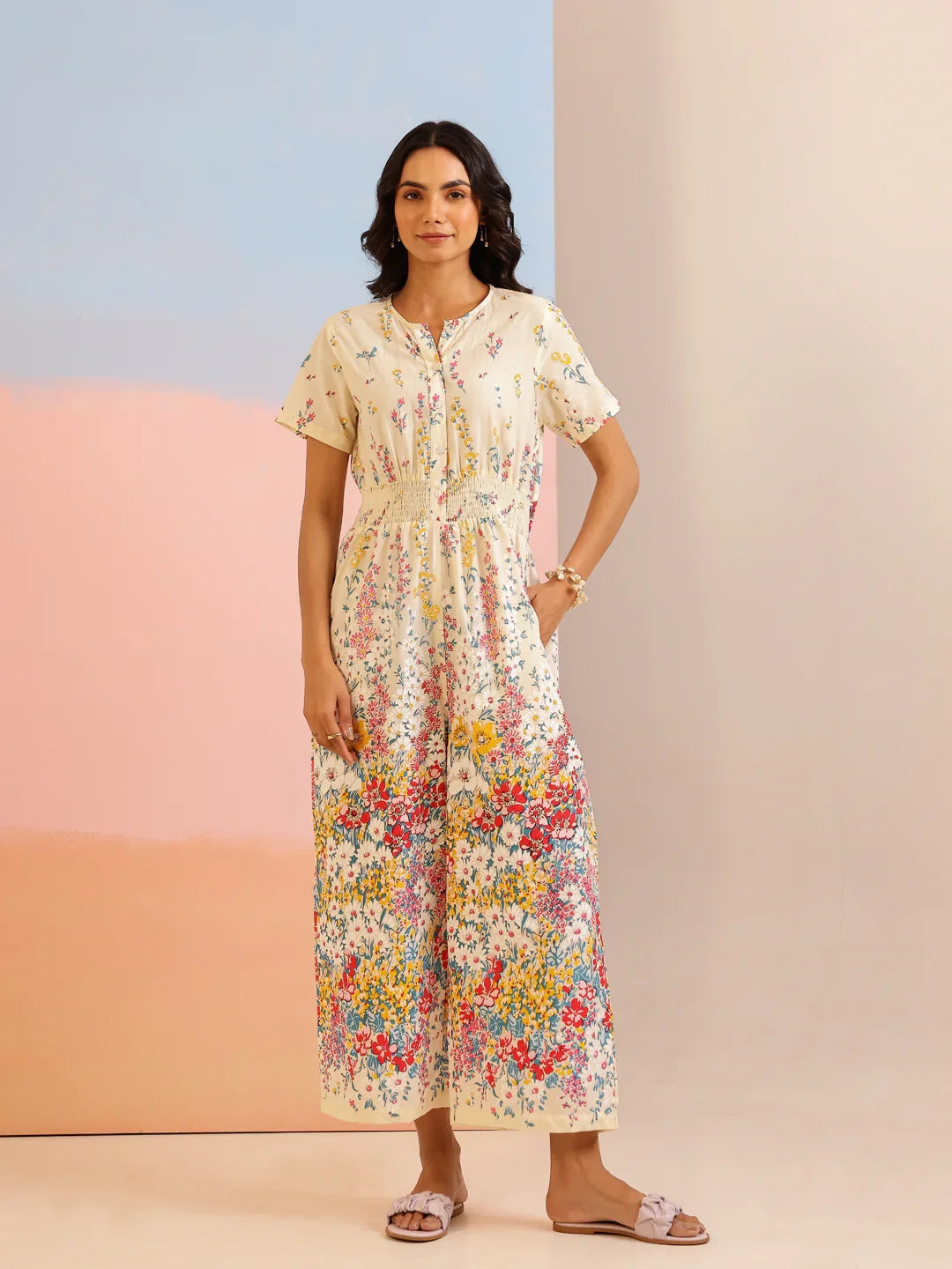Cream Cotton V-Neck Jump Suit for Women - SanskrutiHomes