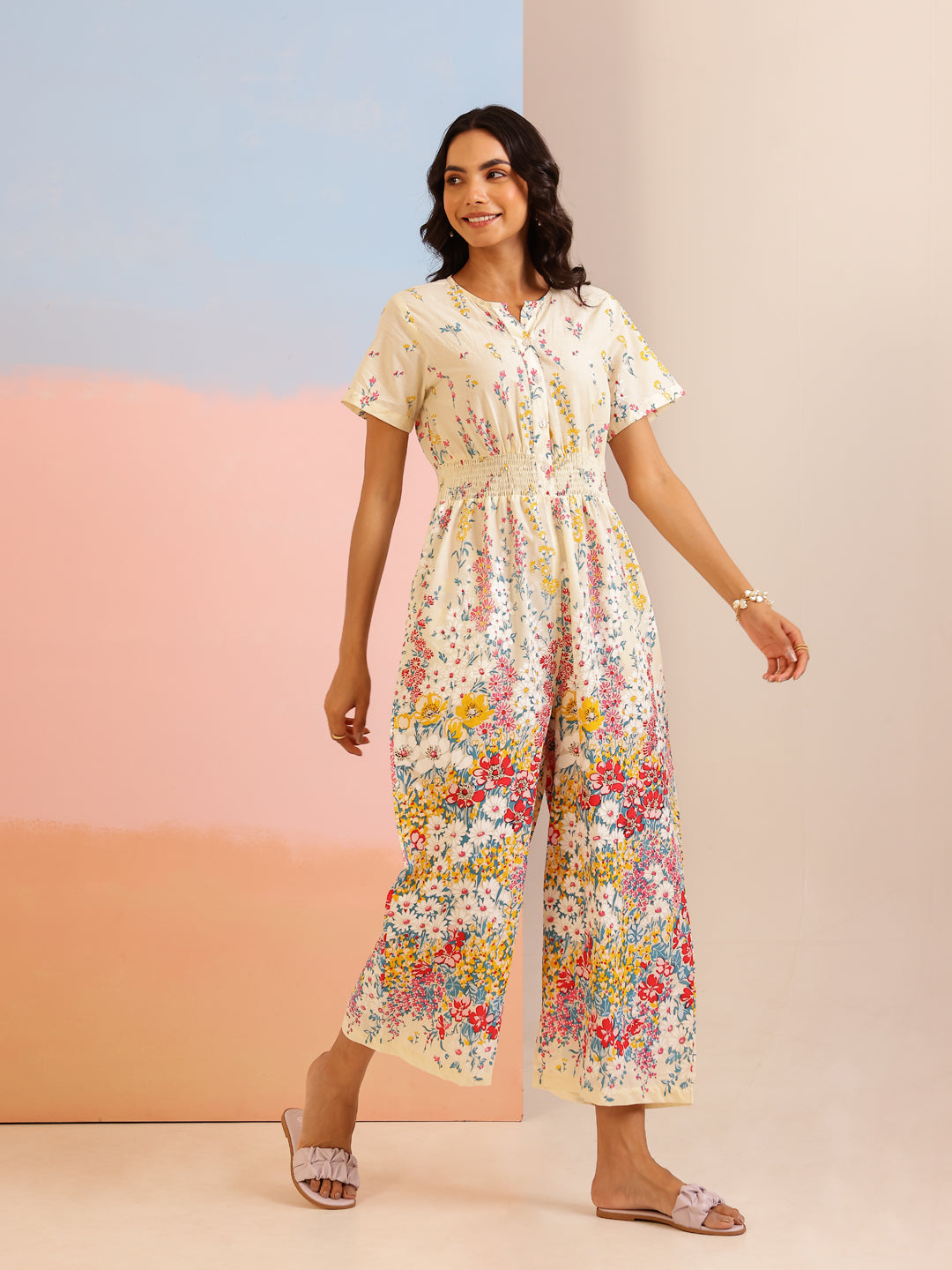 Cream Cotton V-Neck Jump Suit for Women