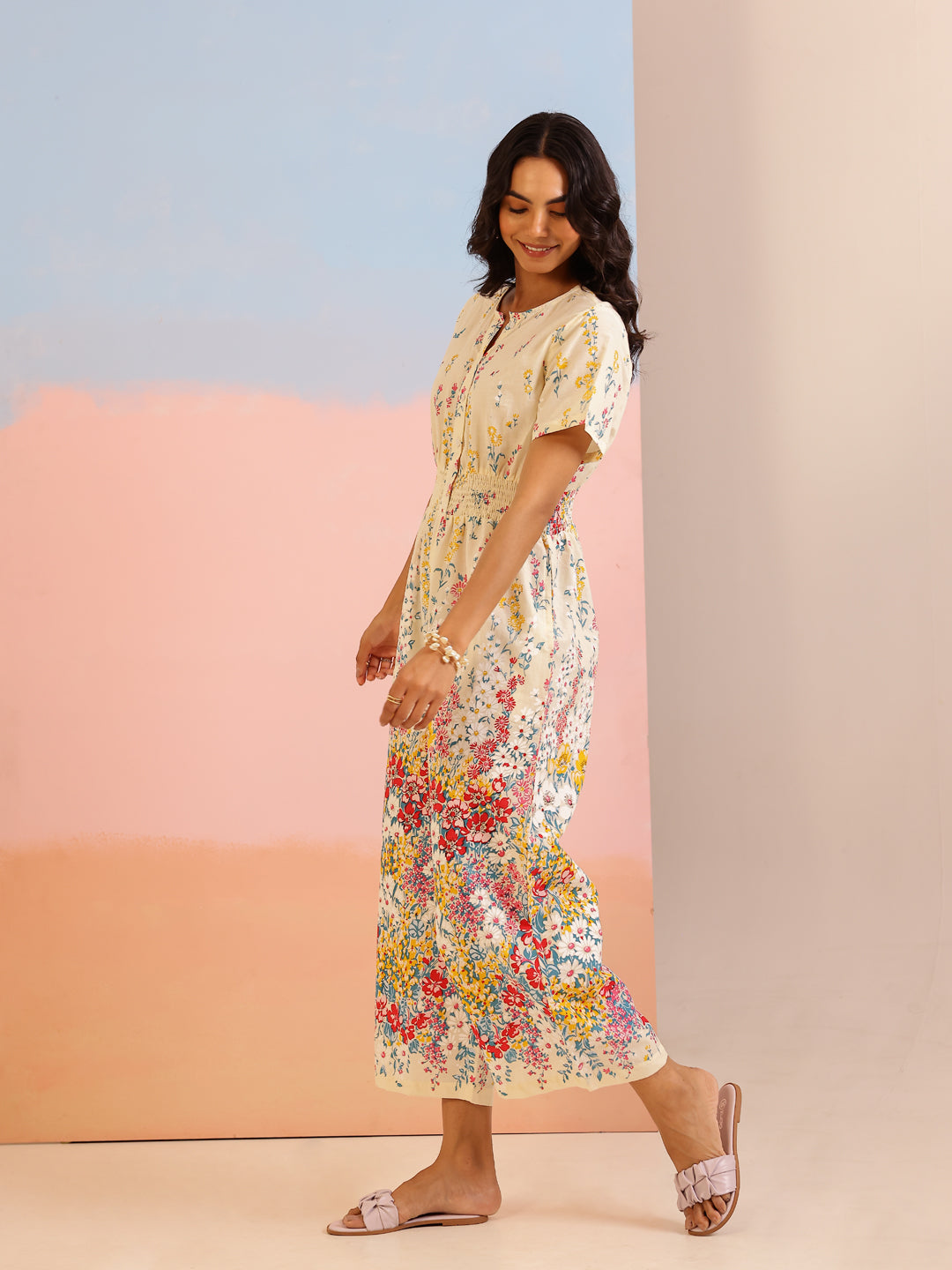 Cream Cotton V-Neck Jump Suit for Women