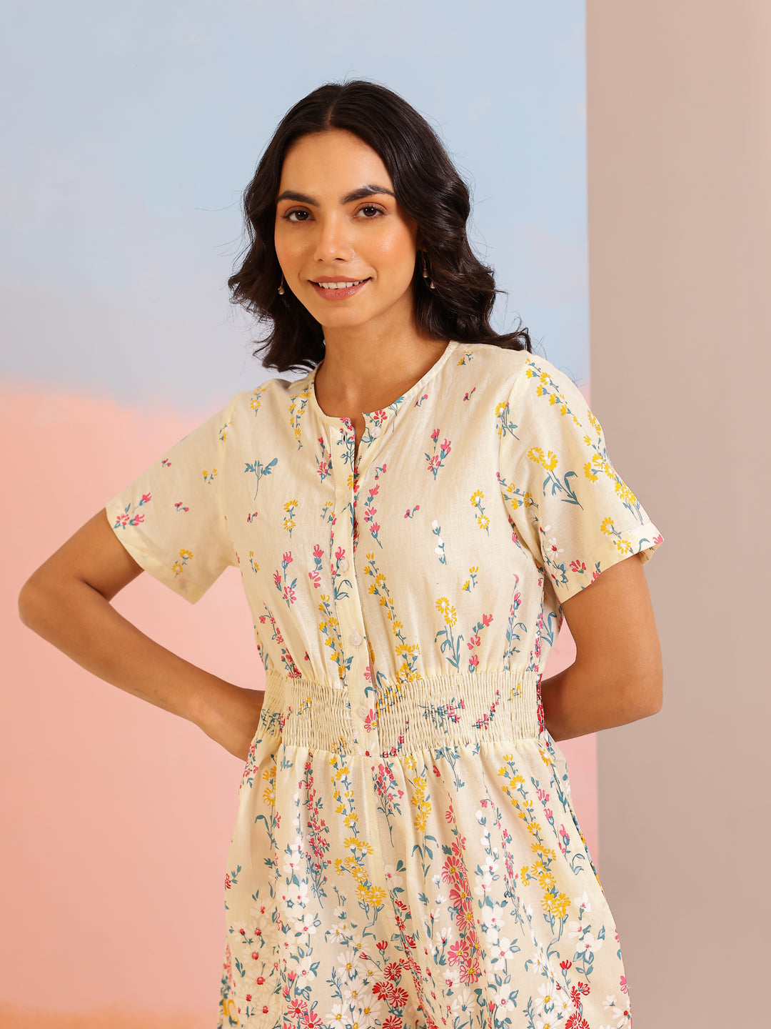 Cream Cotton V-Neck Jump Suit for Women