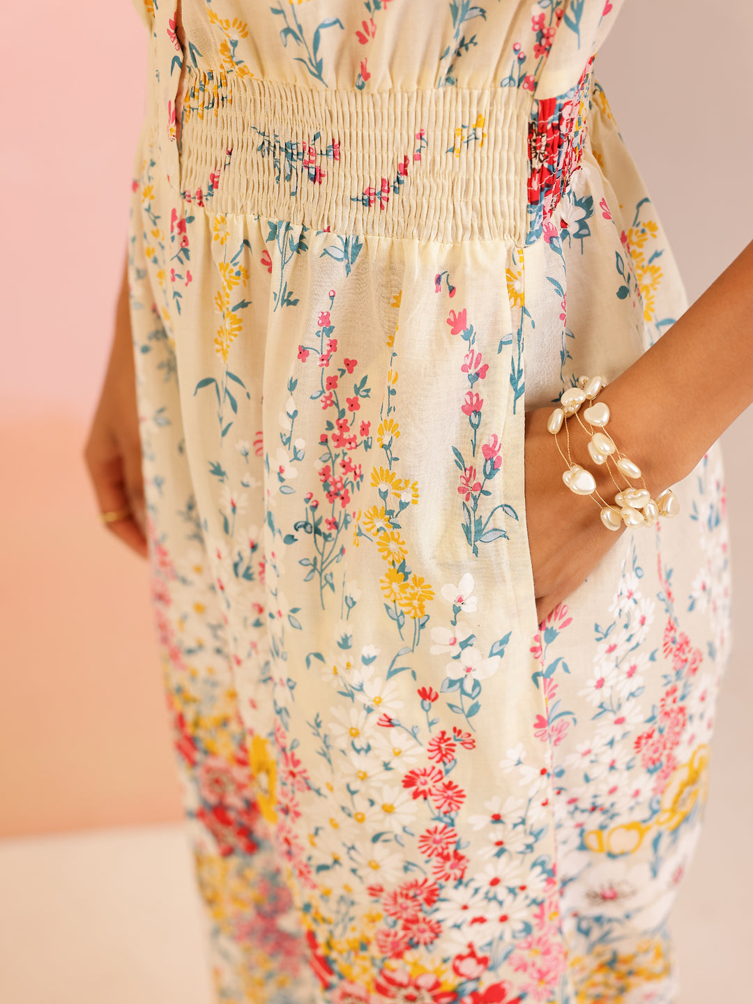 Cream Cotton V-Neck Jump Suit for Women