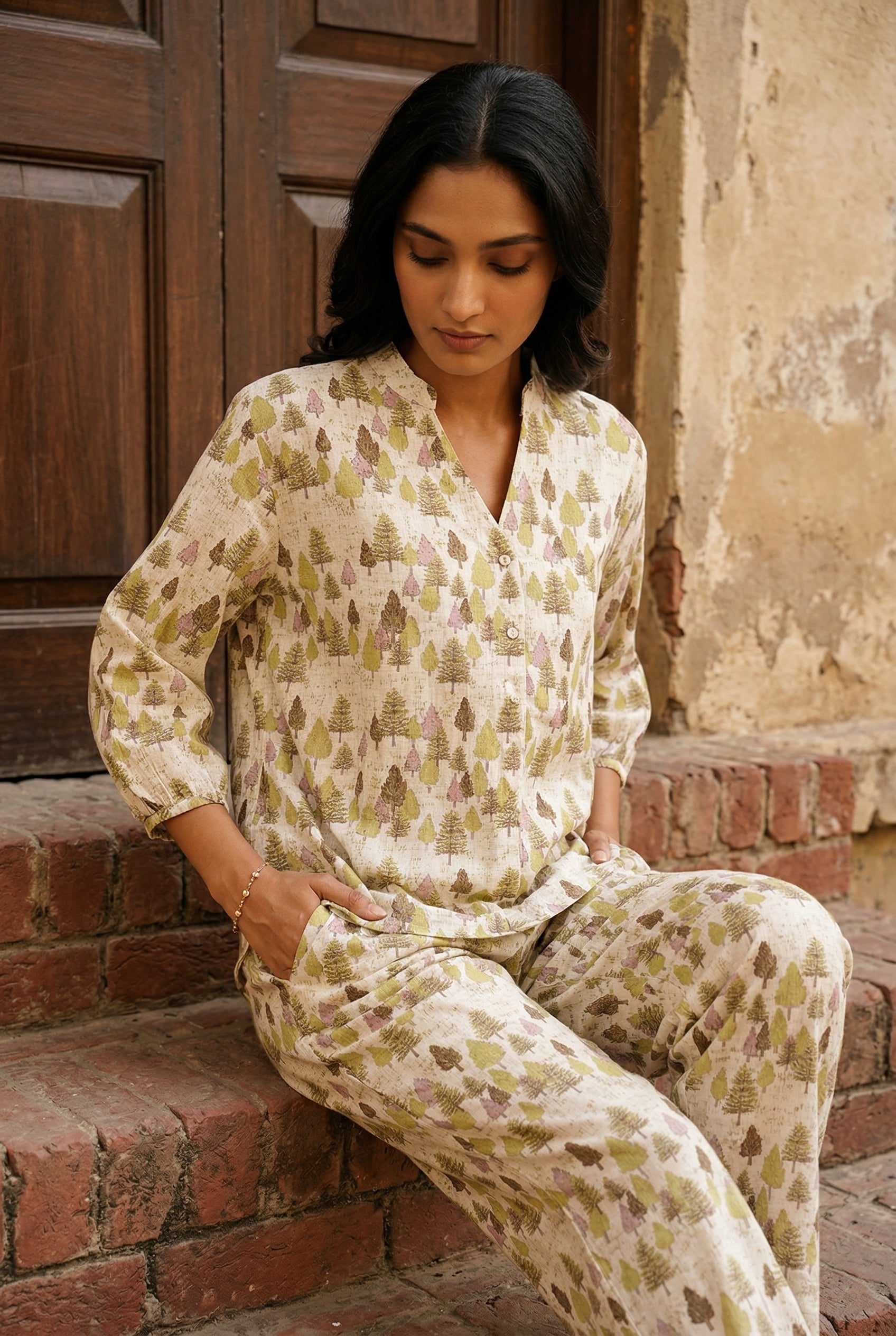 Cream V-Neck Tropical Print Pure Cotton Night Suit For Women