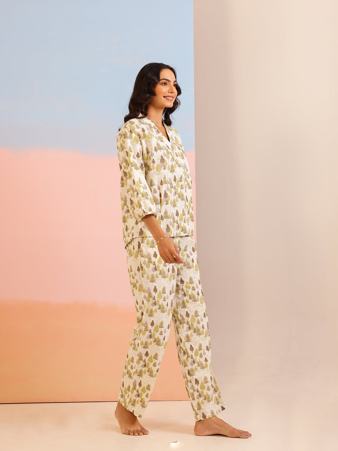 Cream Color Tropical Printed Pure Cotton Night Suit - SanskrutiHomes