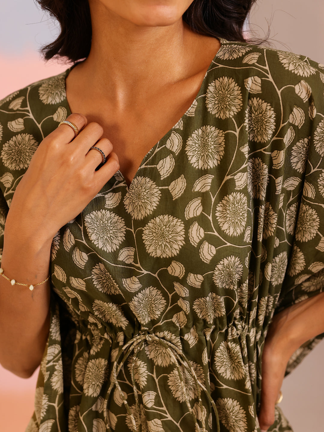 Green Floral Print V-Neck Pure Cotton Kaftan Night Suit For Women