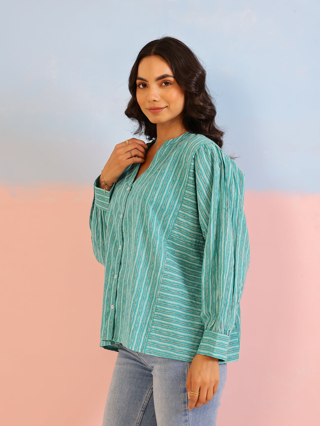 Blue Strips Printed Shirt for Women - SanskrutiHomes