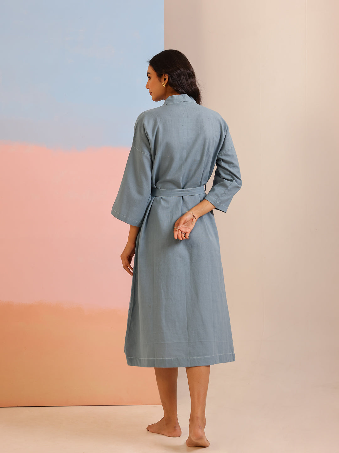 Sea Green Color Cotton Bath Robe For Women