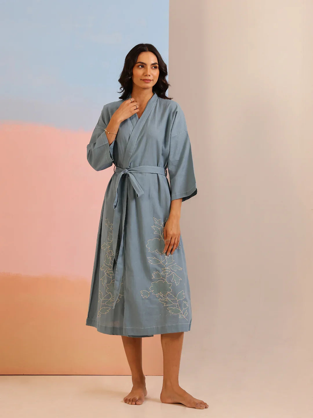 Sea Green Color Cotton Bath Robe For Women