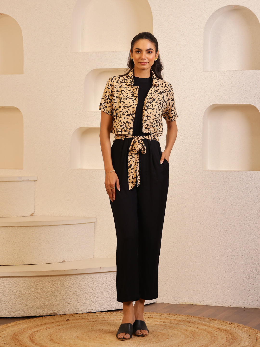 Black Viscose Rayon Round Neck Jump Suit for Women