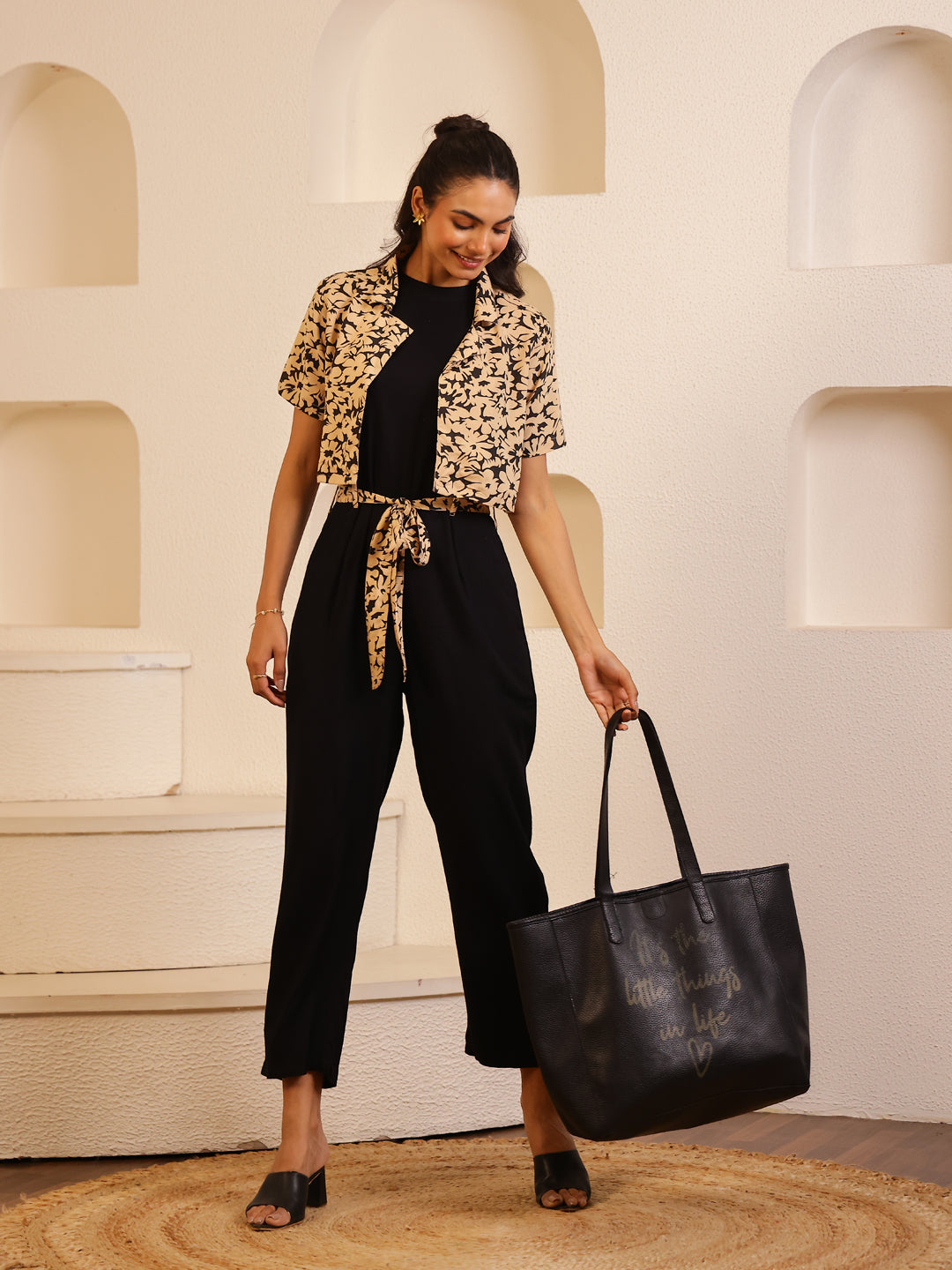 Black Viscose Rayon Round Neck Jump Suit for Women