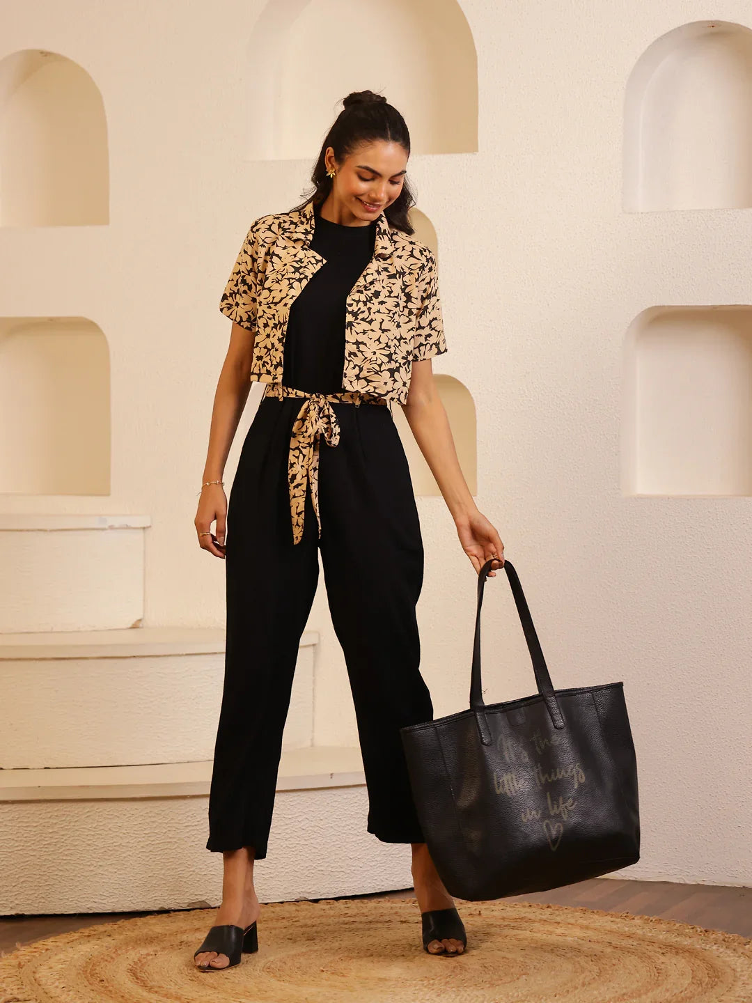 Black Viscose Rayon Round Neck Jump Suit for Women - SanskrutiHomes