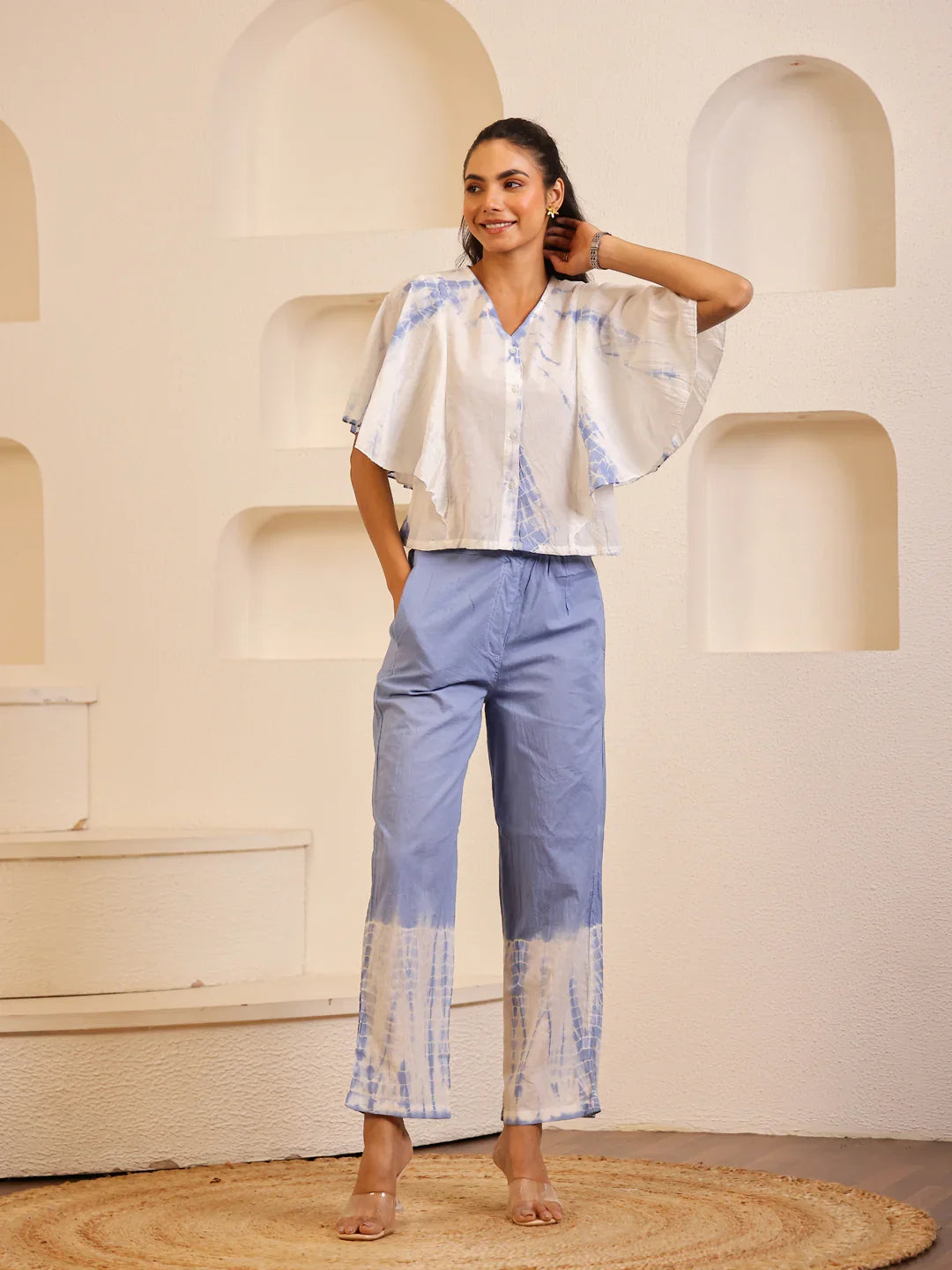 Blue Color Tie and Dye Colourblocked Pure Cotton Night Suit - SanskrutiHomes