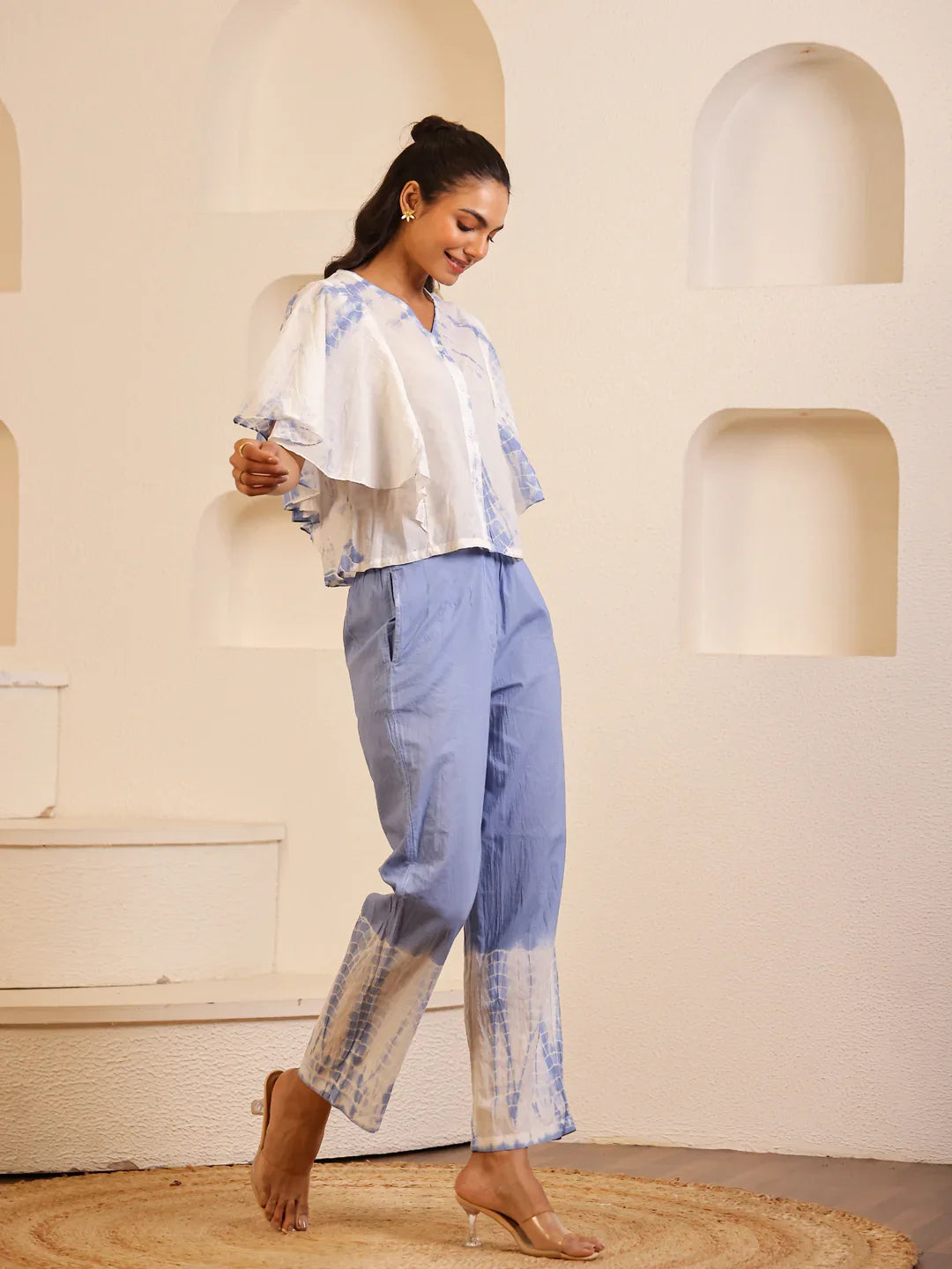 Blue Color Tie and Dye Colourblocked Pure Cotton Night Suit - SanskrutiHomes