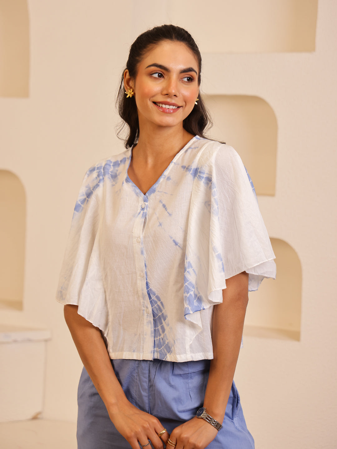 Blue Color Tie and Dye Colourblocked Pure Cotton Night Suit