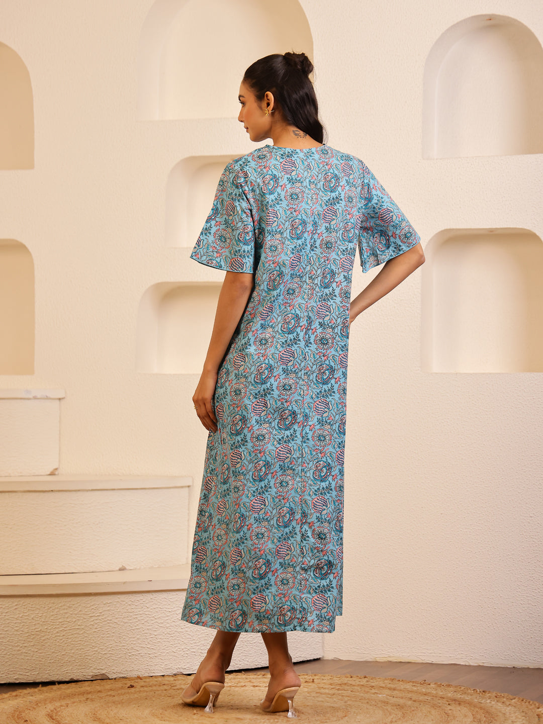 Blue Floral Printed Cotton Night Dress for Women