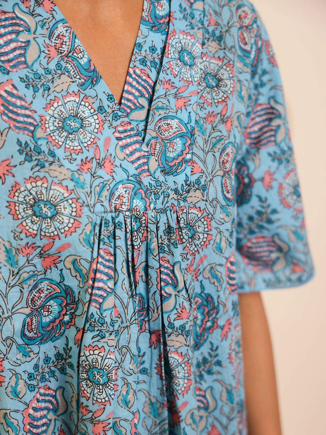 Blue Floral Printed Cotton Night Dress for Women