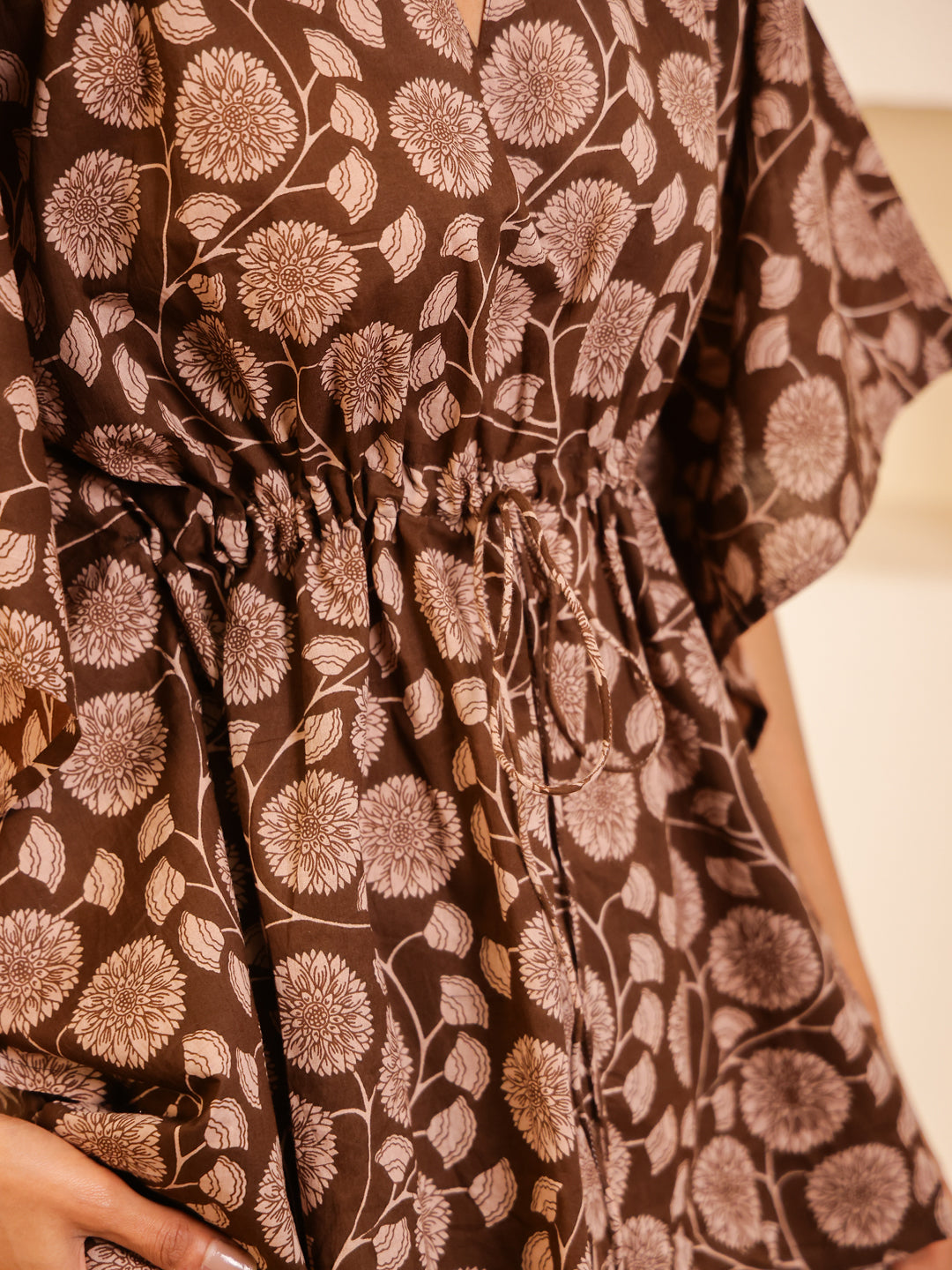 Brown V-Neck Pure Cotton Floral Printed Night Suit for Women - SanskrutiHomes