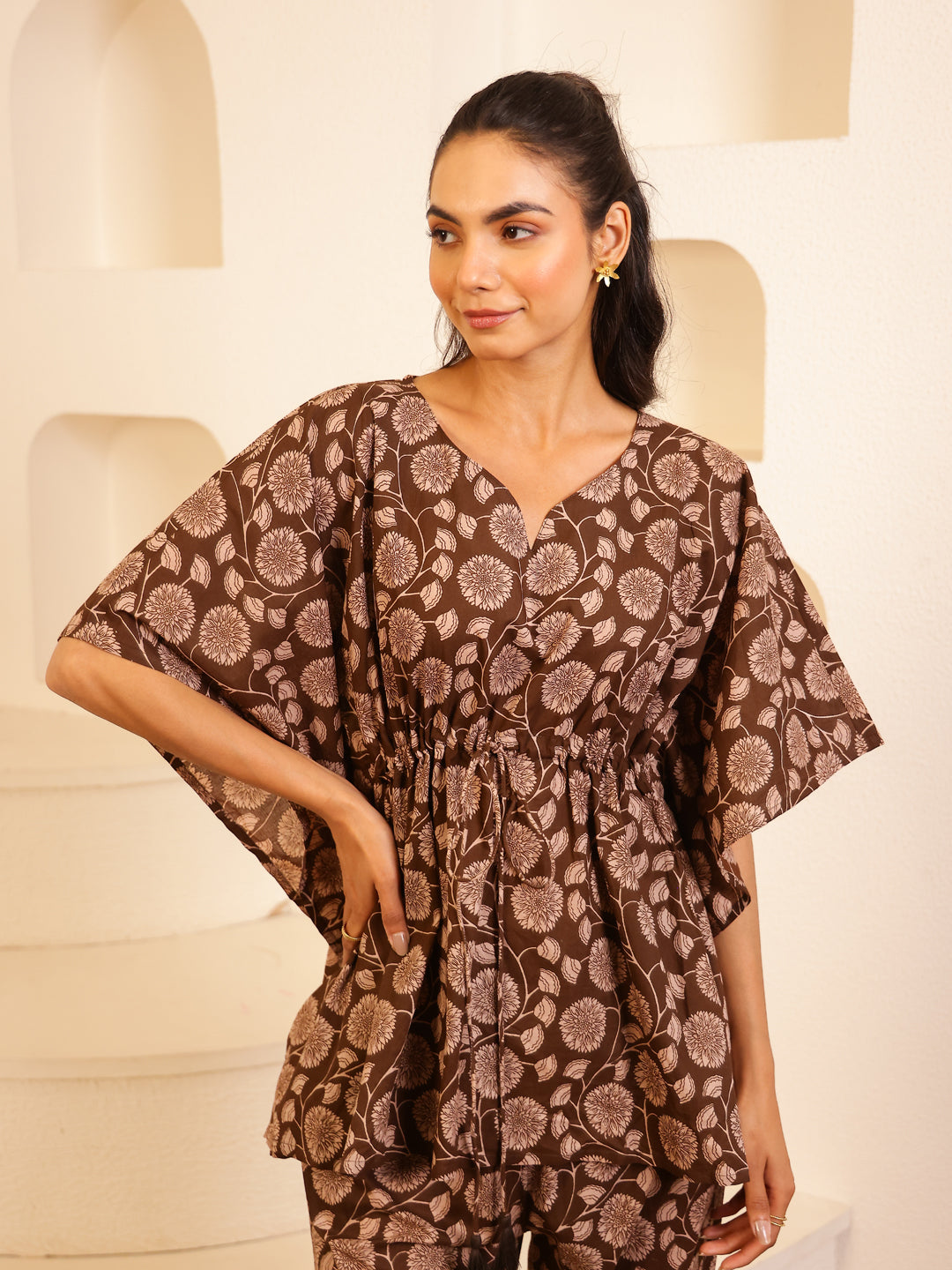 Brown V-Neck Pure Cotton Floral Printed Night Suit for Women